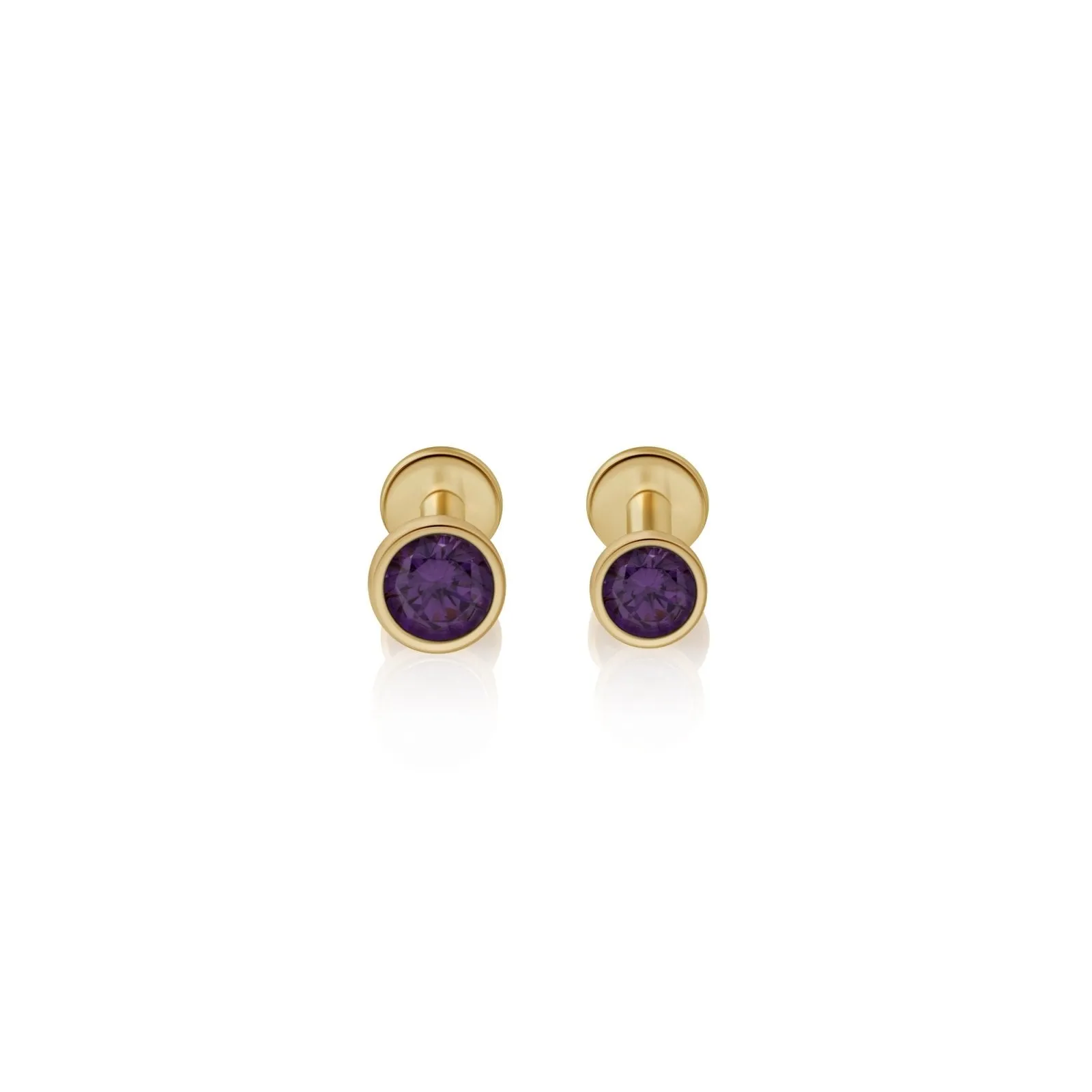 14K Gold Amethyst Bezel Tragus Helix Internally threaded Flat Back Labret Earring Stud