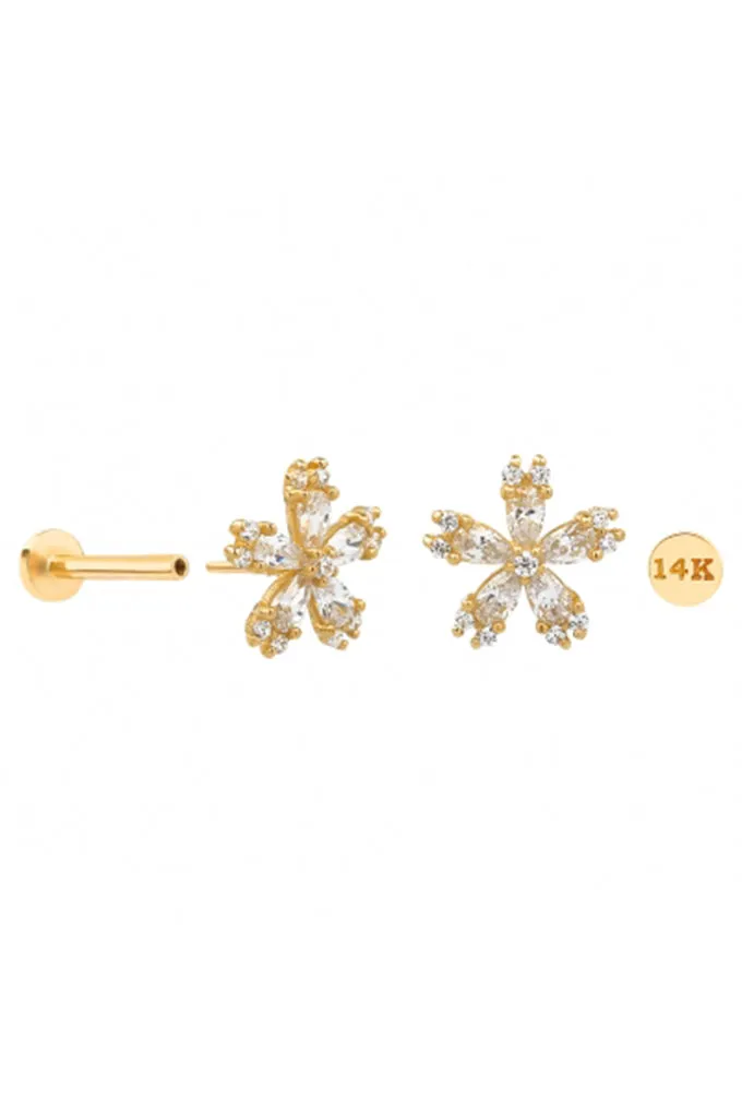 14K Real Gold CZ Snowflake Flower Forward Helix Cartilage Tragus Inner Conch Ear Stud Post Internally Threaded Earring Labret