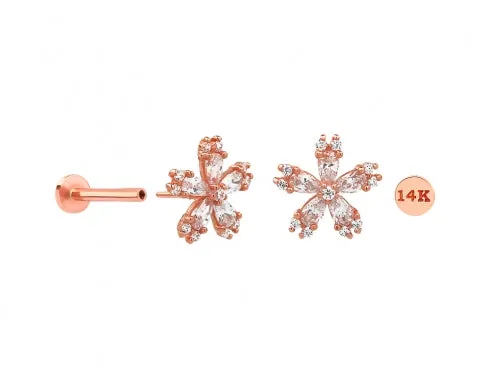 14K Real Gold CZ Snowflake Flower Forward Helix Cartilage Tragus Inner Conch Ear Stud Post Internally Threaded Earring Labret