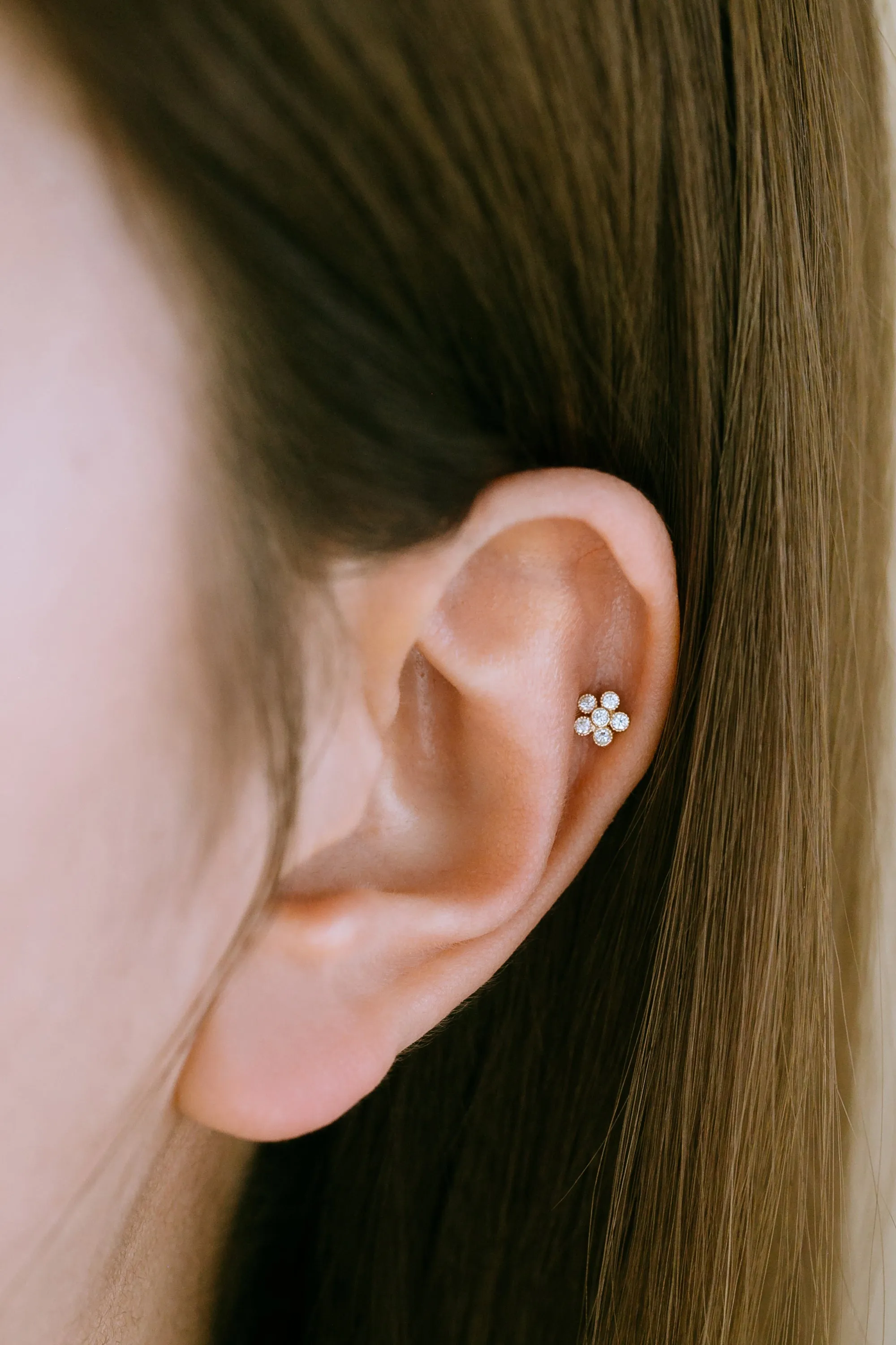 14K Real Gold Minimalist Delicate Cz Blossom Flower Forward Helix Cartilage Tragus Inner Conch Ear Stud Post Internally Threaded Earring Labret Jewelry