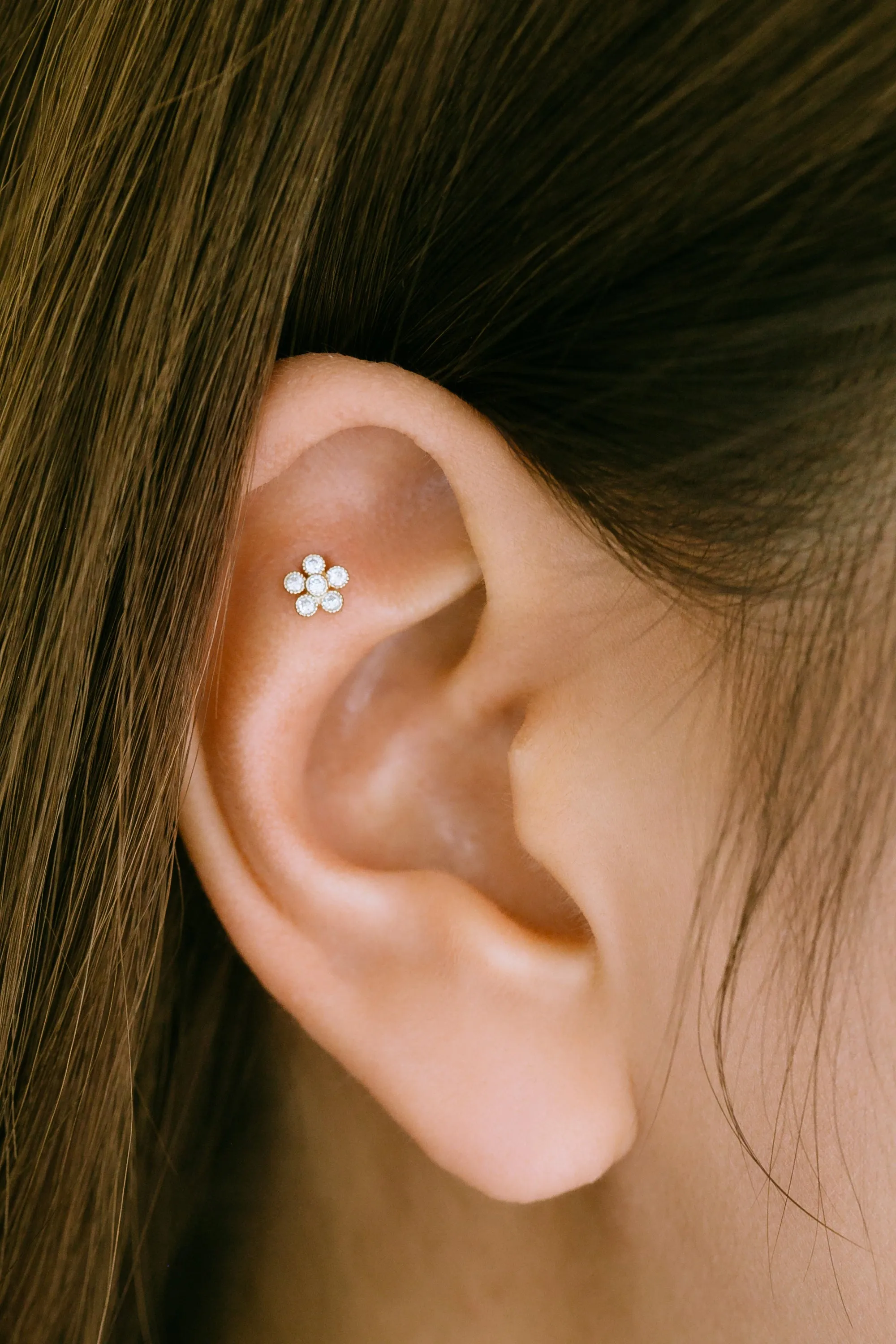 14K Real Gold Minimalist Delicate Cz Blossom Flower Forward Helix Cartilage Tragus Inner Conch Ear Stud Post Internally Threaded Earring Labret Jewelry