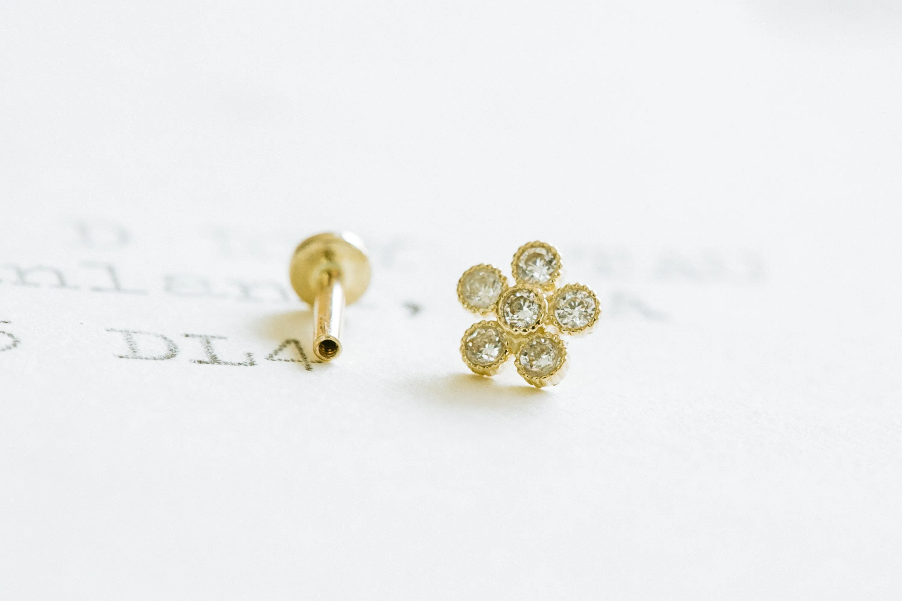 14K Real Gold Minimalist Delicate Cz Blossom Flower Forward Helix Cartilage Tragus Inner Conch Ear Stud Post Internally Threaded Earring Labret Jewelry