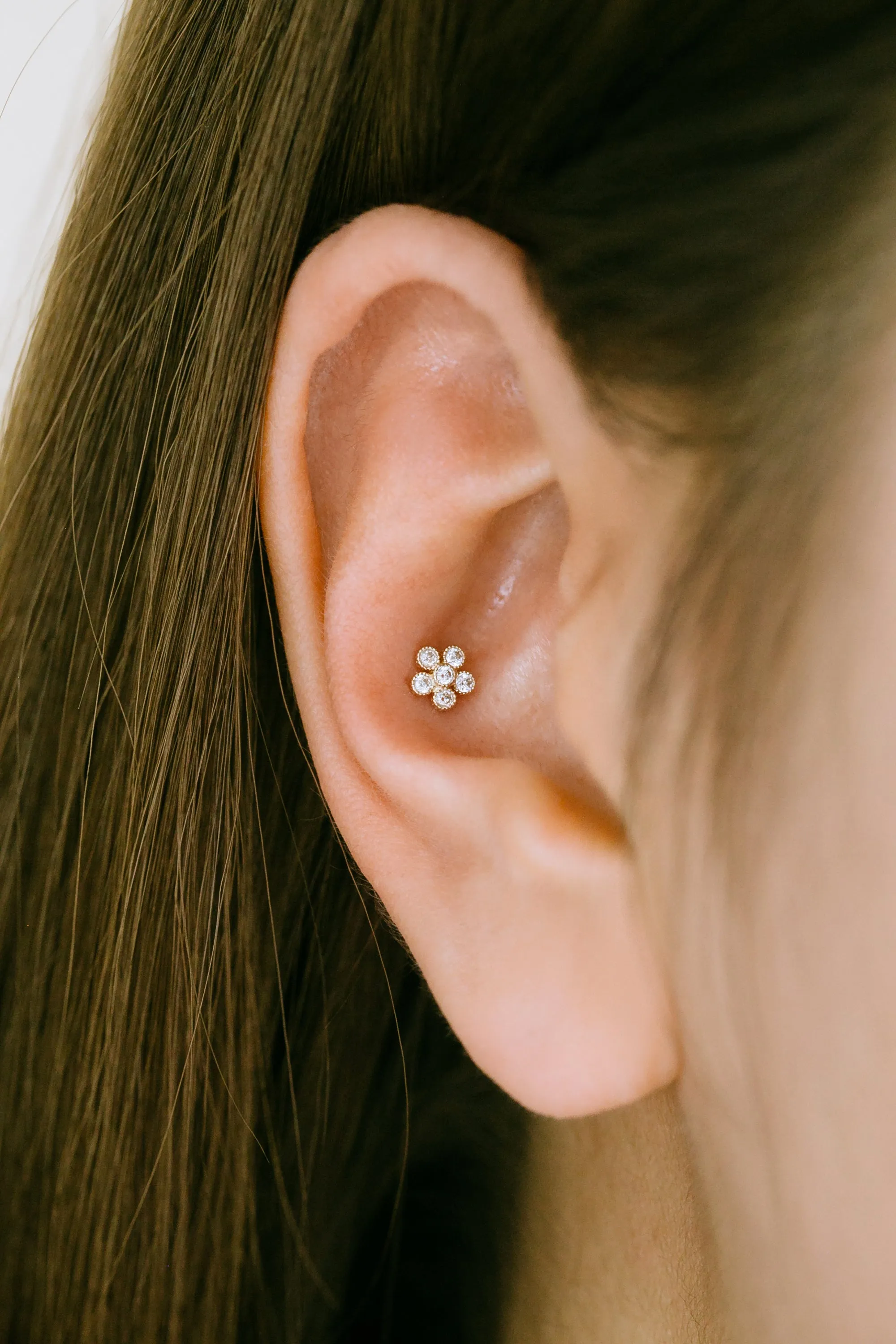 14K Real Gold Minimalist Delicate Cz Blossom Flower Forward Helix Cartilage Tragus Inner Conch Ear Stud Post Internally Threaded Earring Labret Jewelry