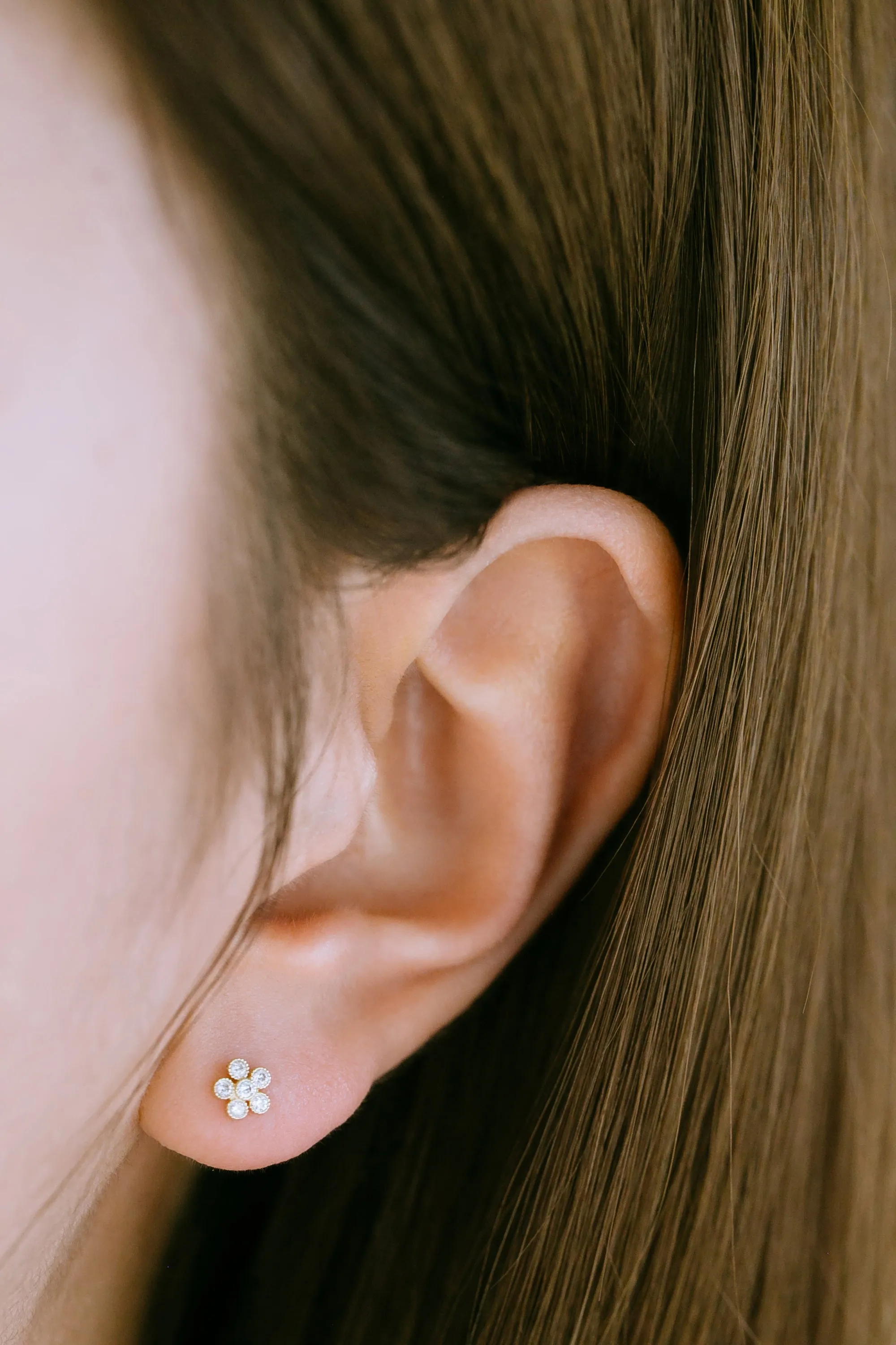 14K Real Gold Minimalist Delicate Cz Blossom Flower Forward Helix Cartilage Tragus Inner Conch Ear Stud Post Internally Threaded Earring Labret Jewelry