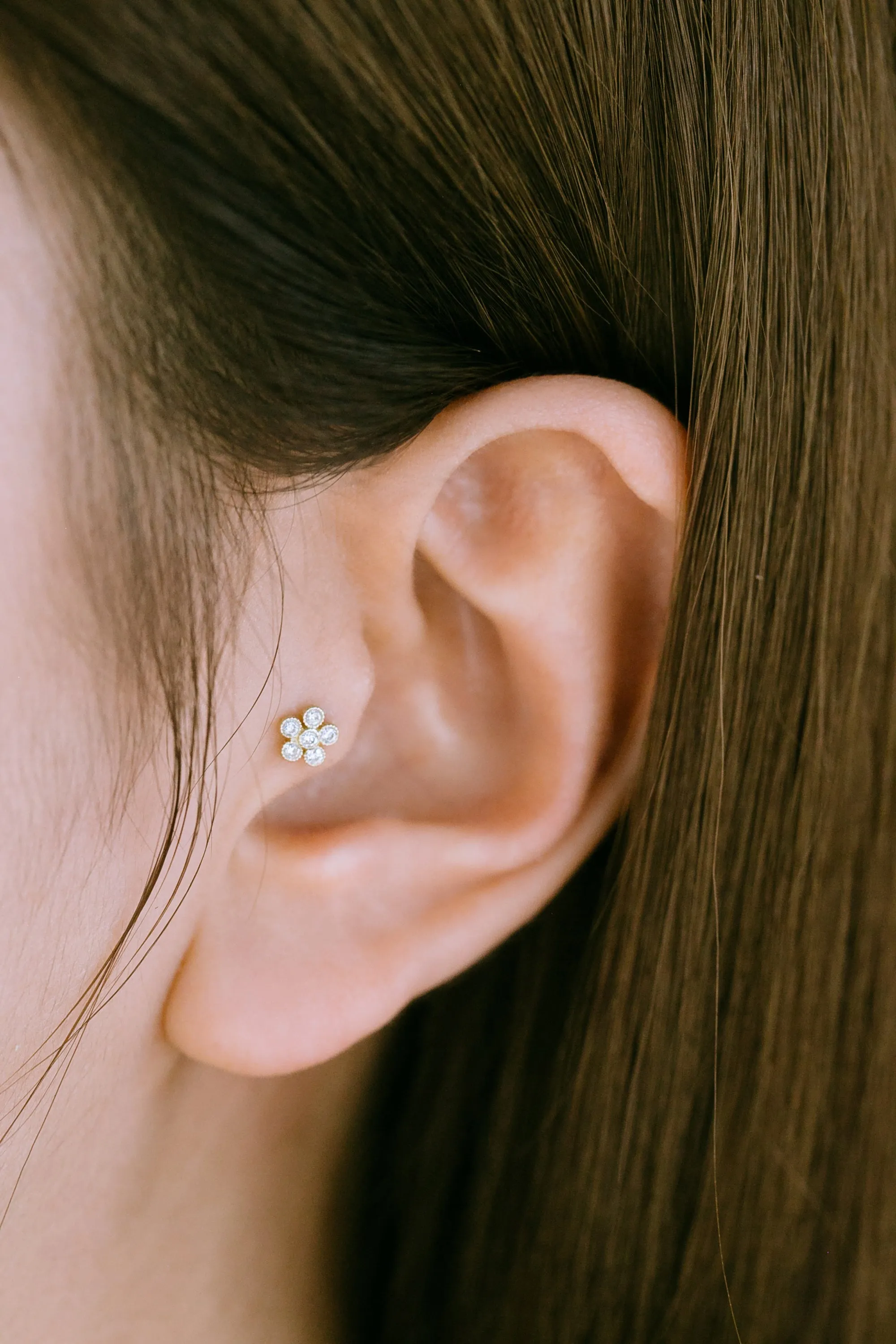 14K Real Gold Minimalist Delicate Cz Blossom Flower Forward Helix Cartilage Tragus Inner Conch Ear Stud Post Internally Threaded Earring Labret Jewelry