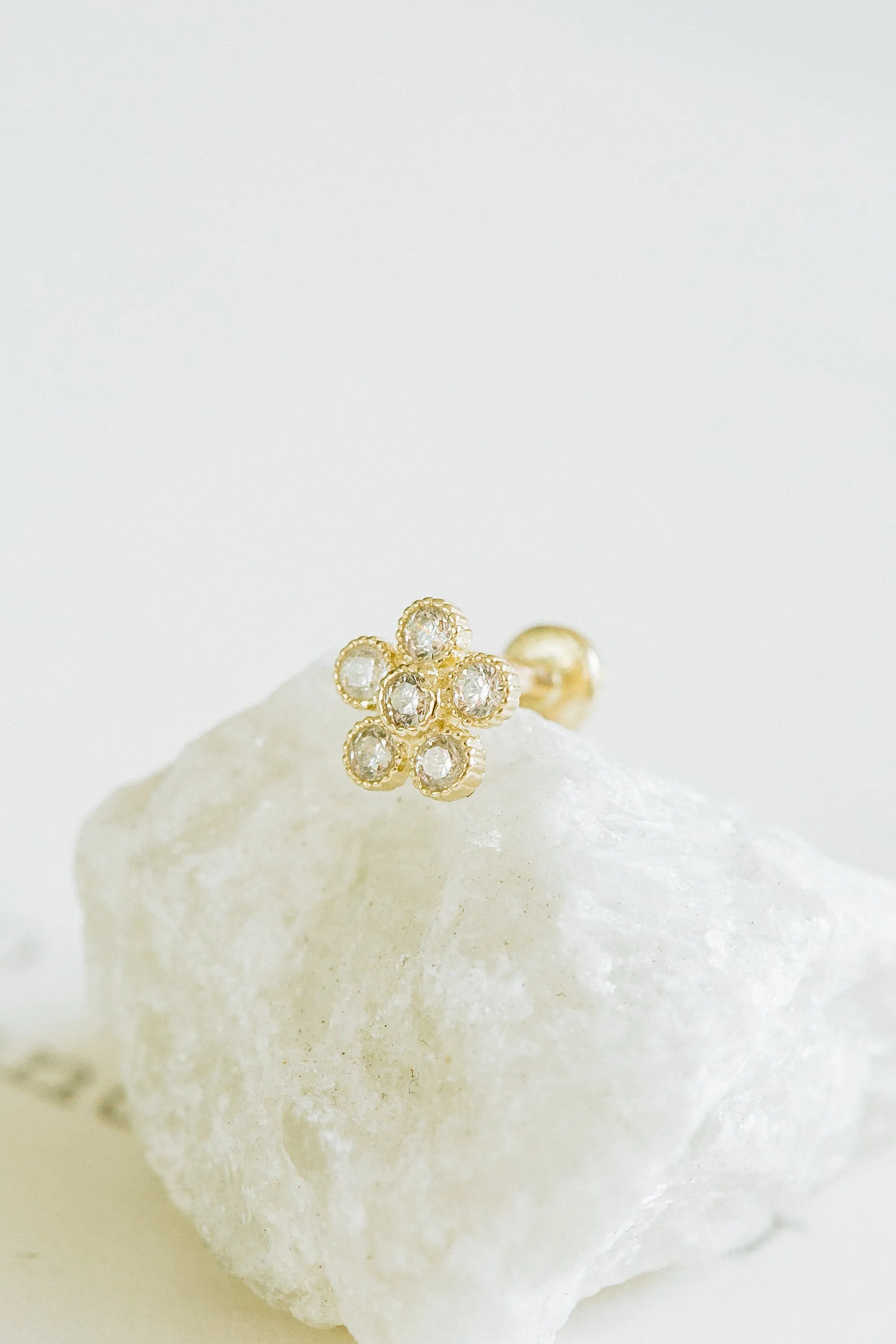 14K Real Gold Minimalist Delicate Cz Blossom Flower Forward Helix Cartilage Tragus Inner Conch Ear Stud Post Internally Threaded Earring Labret Jewelry