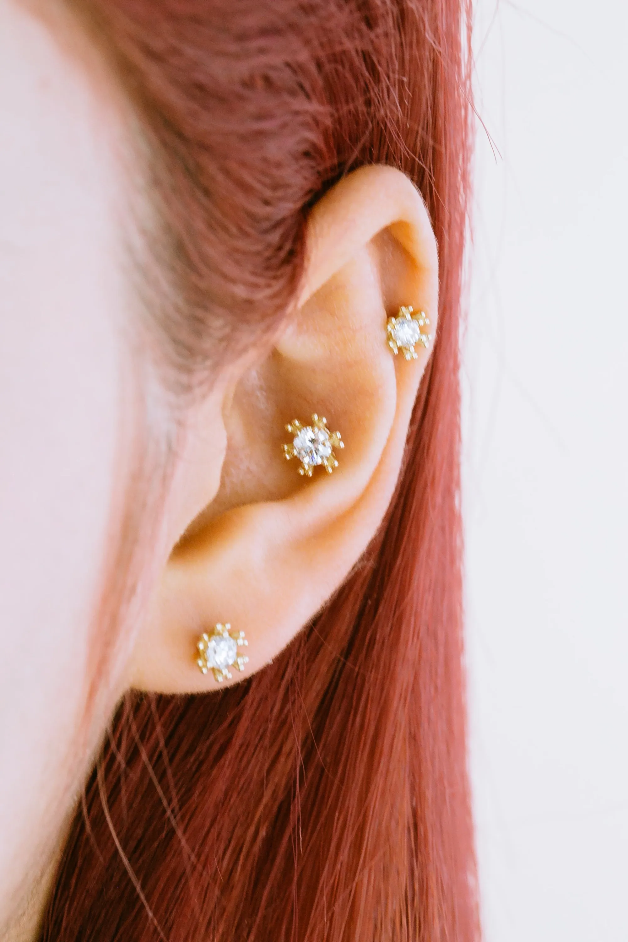 14K Real Gold Round Cz Flower Forward Helix Cartilage Tragus Inner Conch Ear Stud Post Internally Threaded Earring Labret