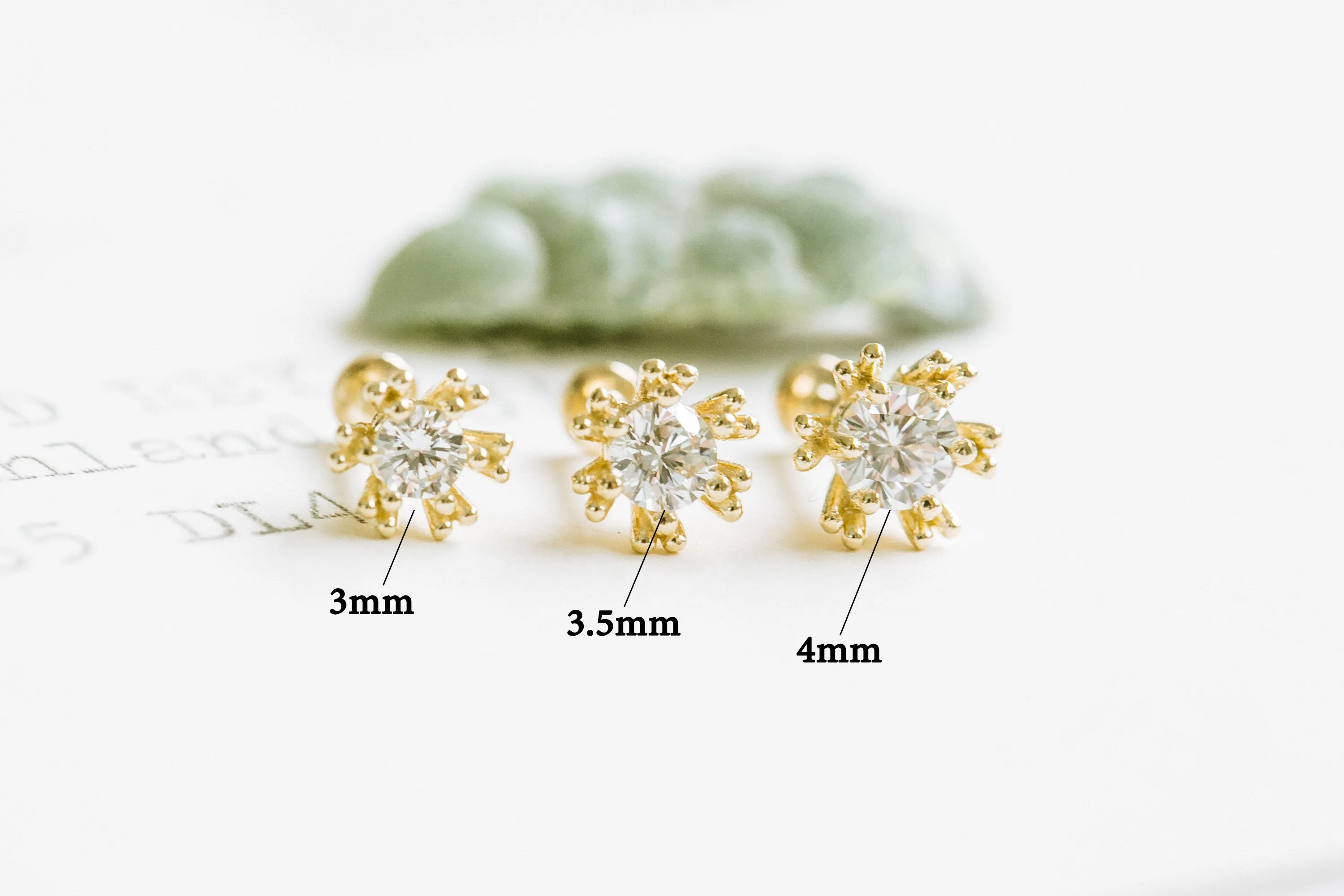 14K Real Gold Round Cz Flower Forward Helix Cartilage Tragus Inner Conch Ear Stud Post Internally Threaded Earring Labret