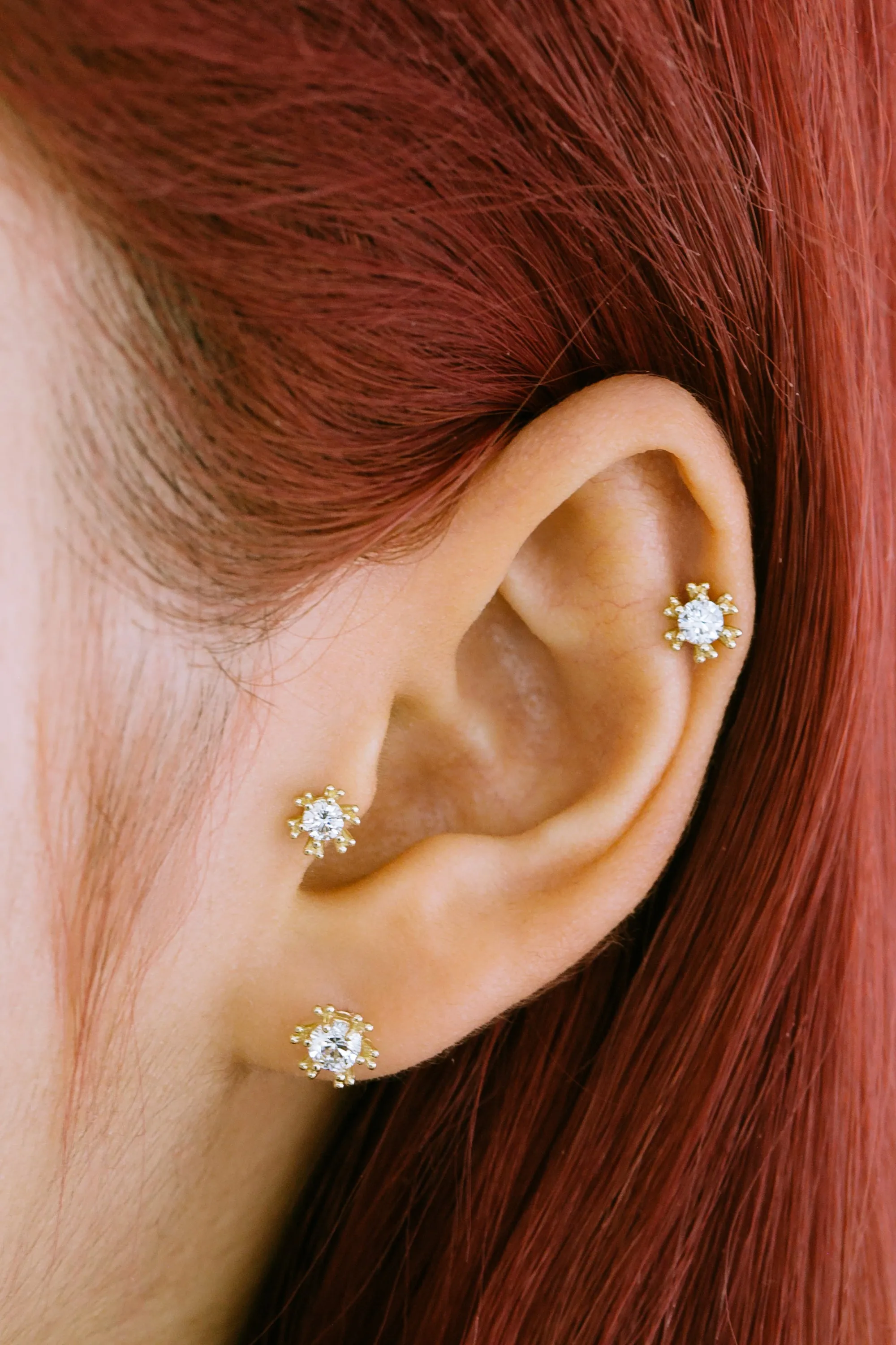 14K Real Gold Round Cz Flower Forward Helix Cartilage Tragus Inner Conch Ear Stud Post Internally Threaded Earring Labret