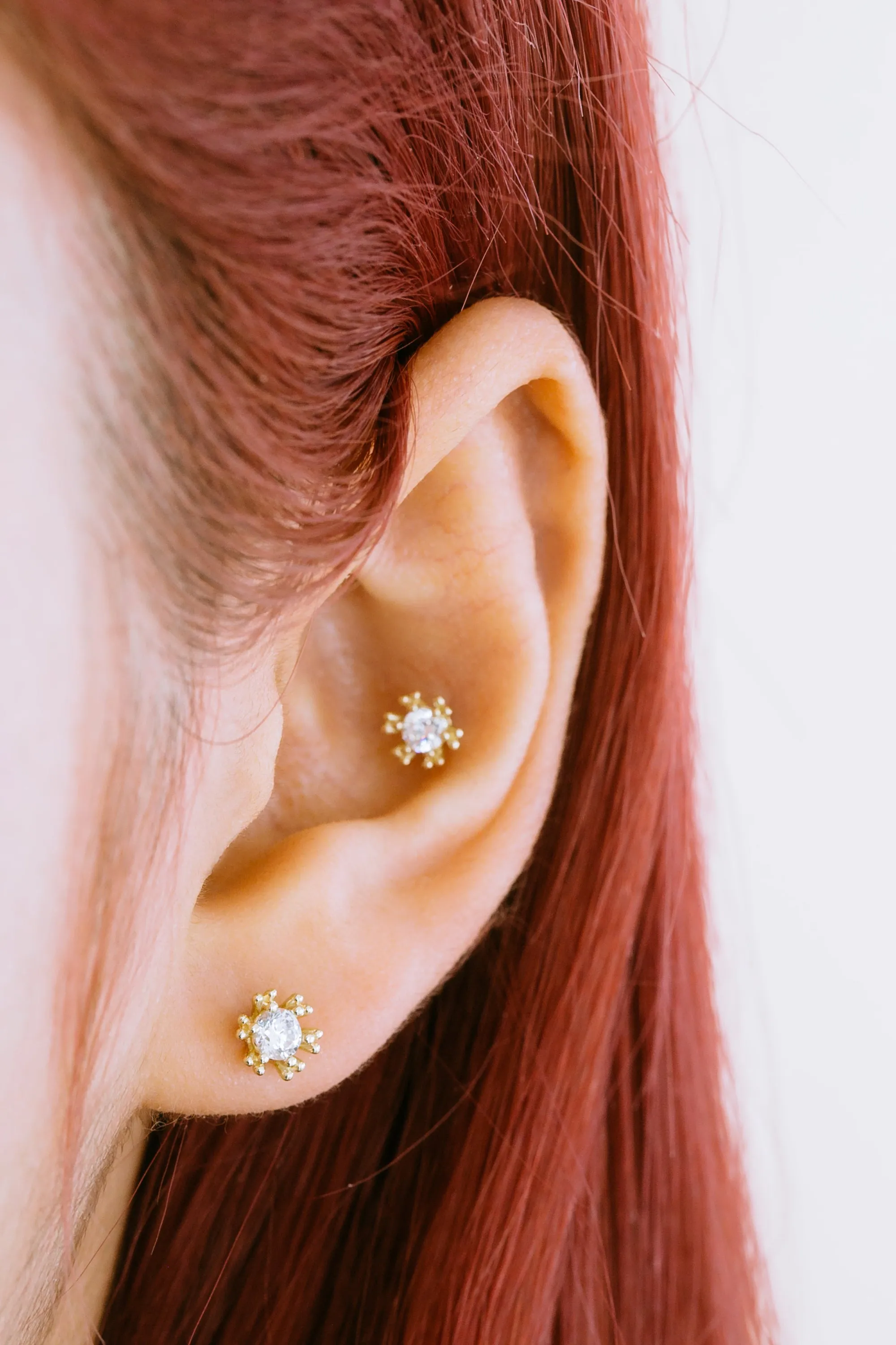 14K Real Gold Round Cz Flower Forward Helix Cartilage Tragus Inner Conch Ear Stud Post Internally Threaded Earring Labret