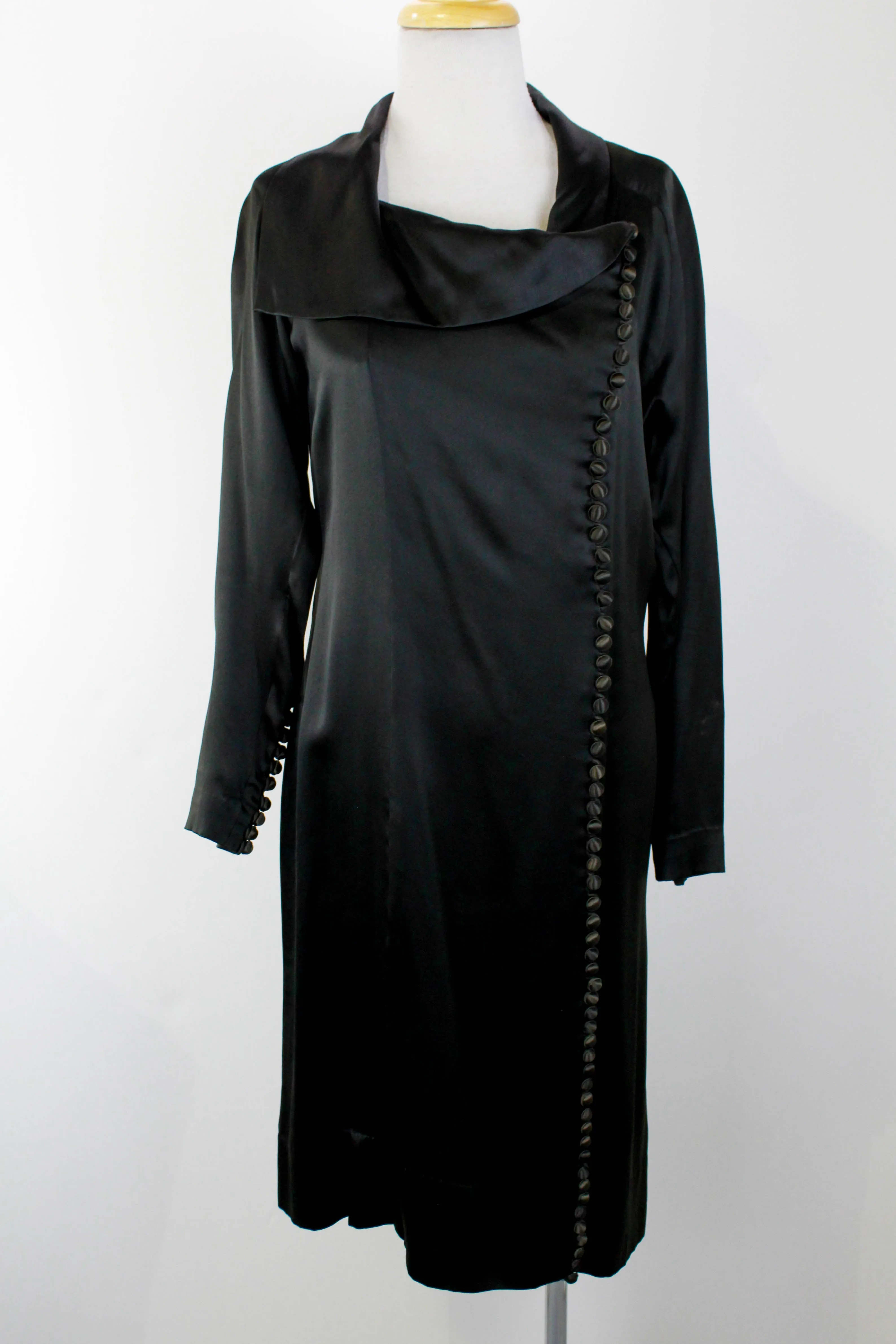 1930s Black Silk Satin Dress / Size Small / Covered Buttons / Antique Liquid Satin Dress