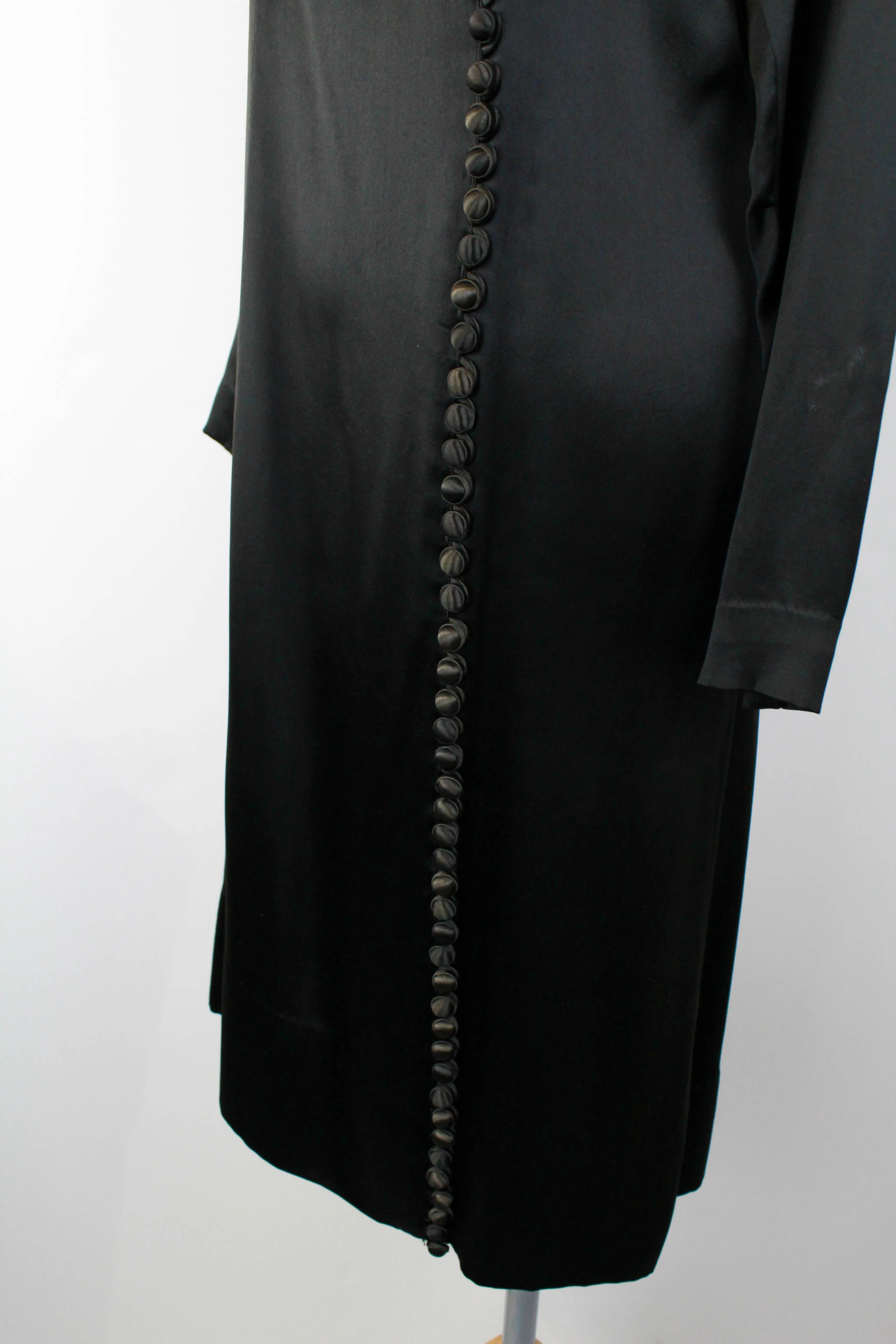 1930s Black Silk Satin Dress / Size Small / Covered Buttons / Antique Liquid Satin Dress