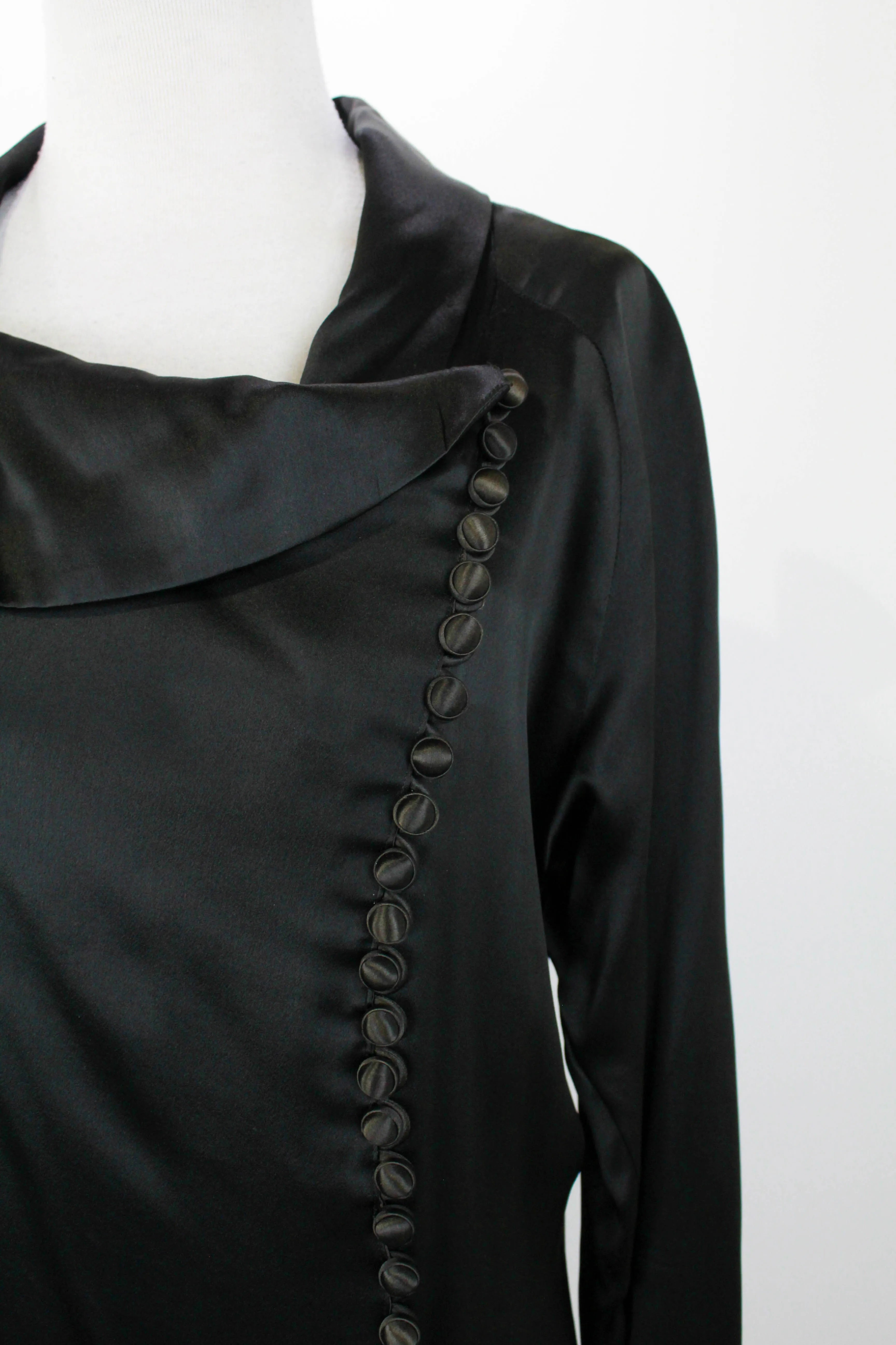 1930s Black Silk Satin Dress / Size Small / Covered Buttons / Antique Liquid Satin Dress