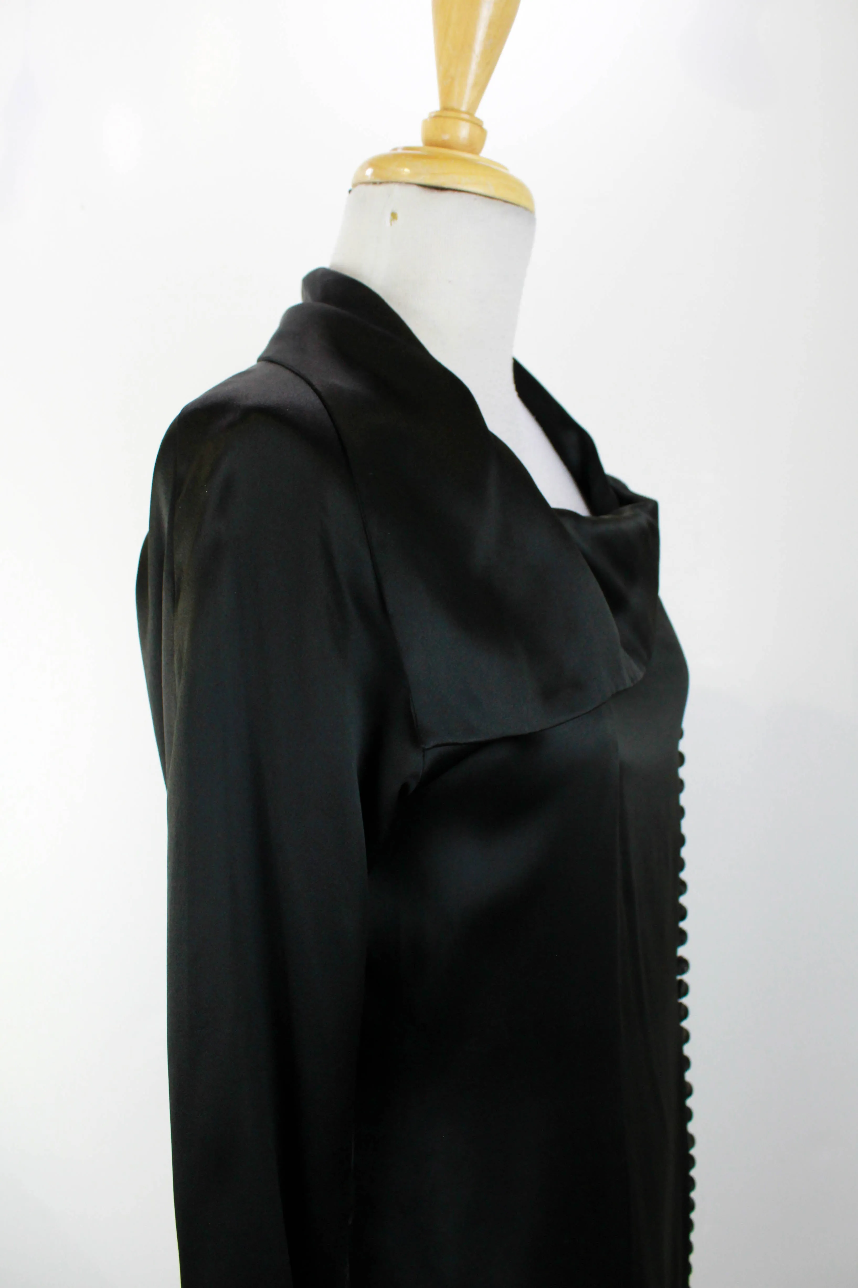 1930s Black Silk Satin Dress / Size Small / Covered Buttons / Antique Liquid Satin Dress