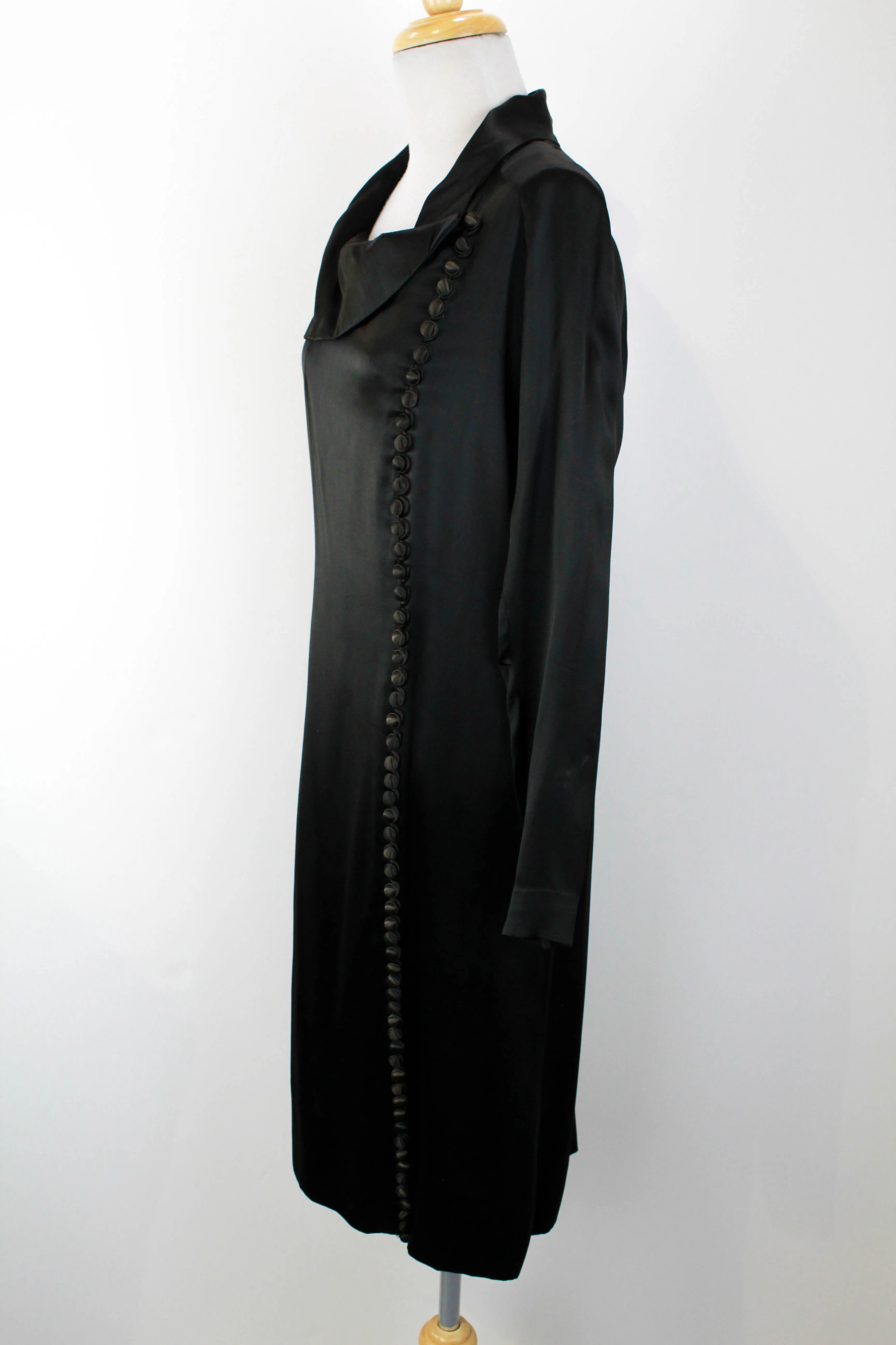 1930s Black Silk Satin Dress / Size Small / Covered Buttons / Antique Liquid Satin Dress