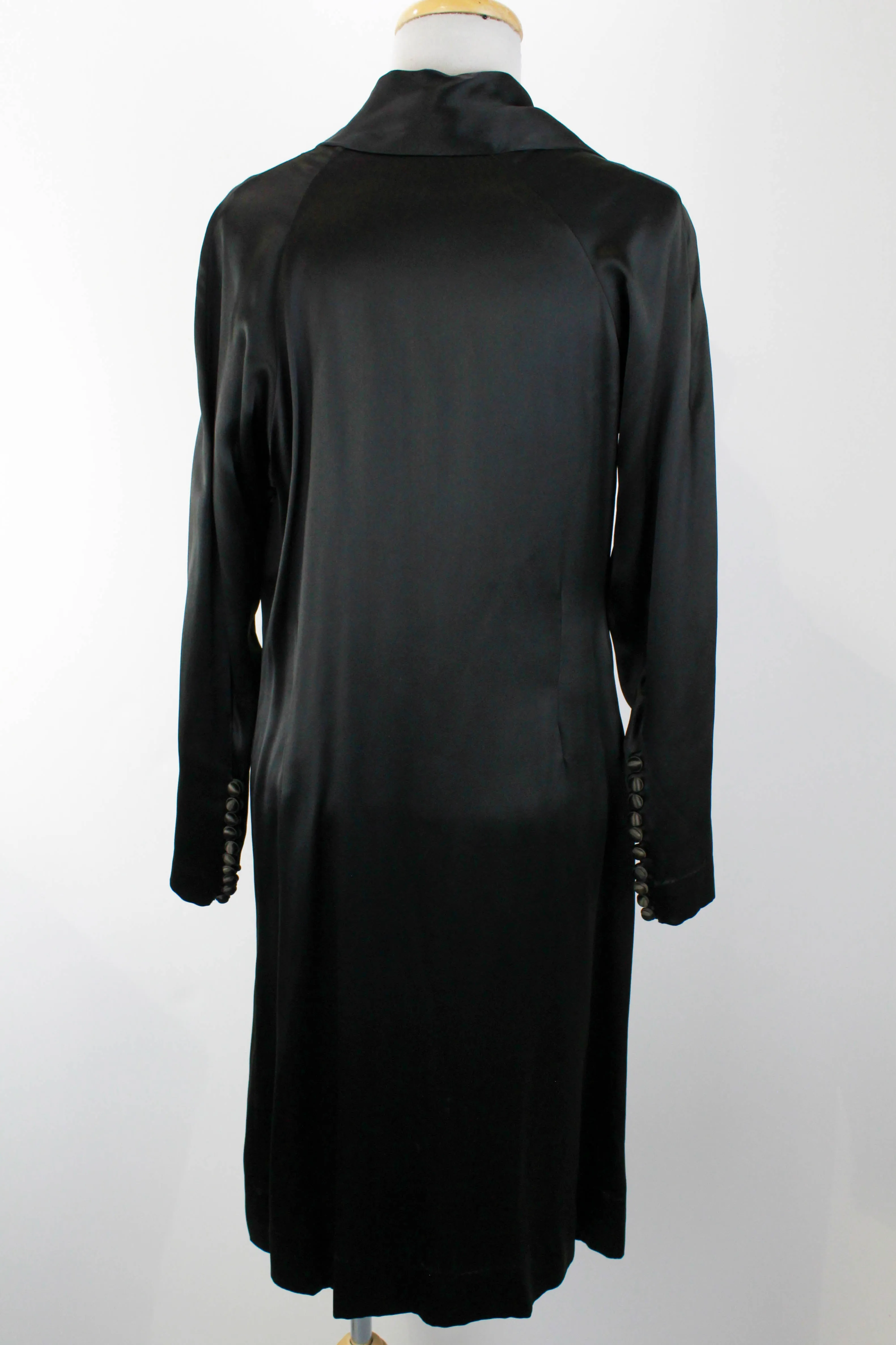 1930s Black Silk Satin Dress / Size Small / Covered Buttons / Antique Liquid Satin Dress