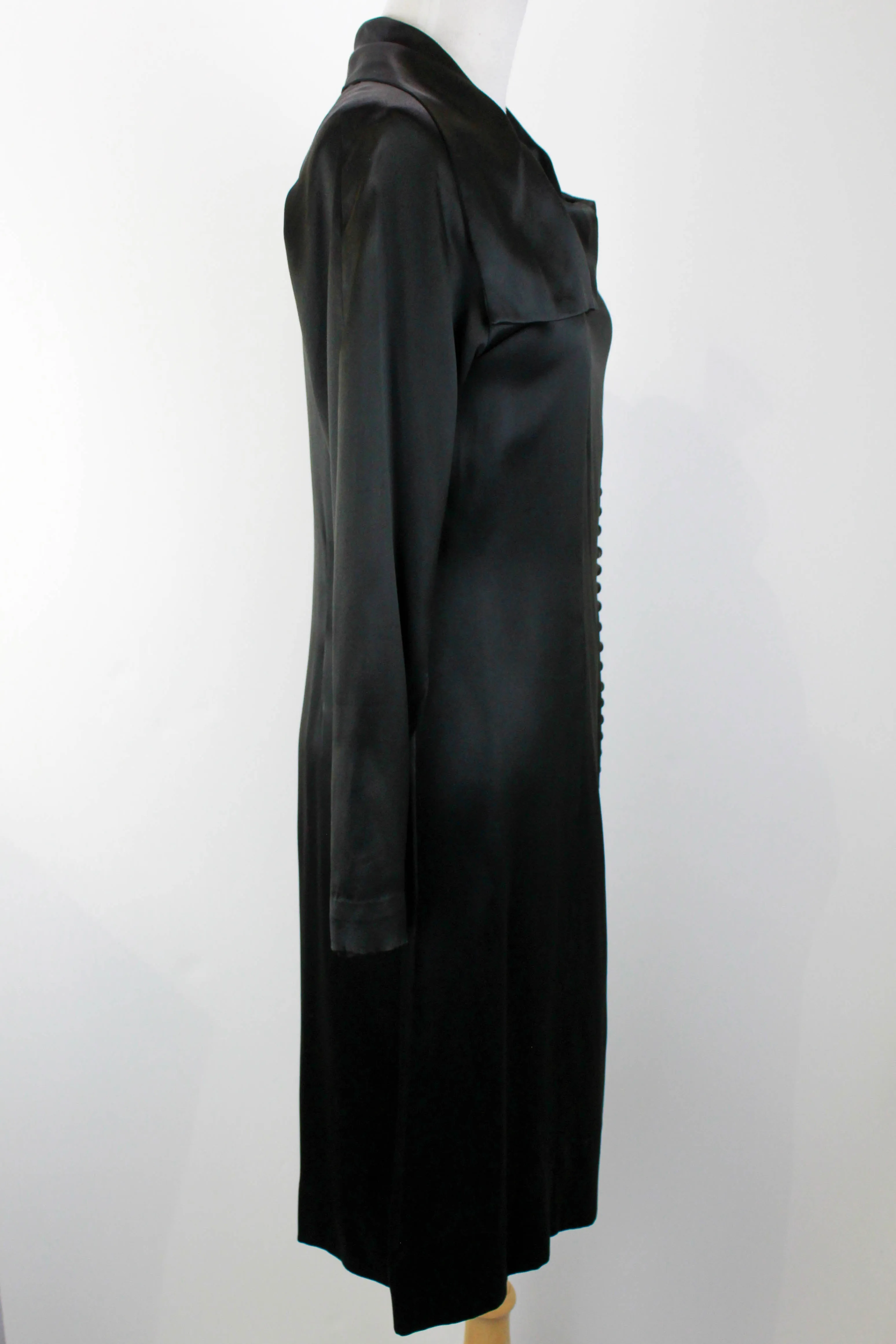 1930s Black Silk Satin Dress / Size Small / Covered Buttons / Antique Liquid Satin Dress