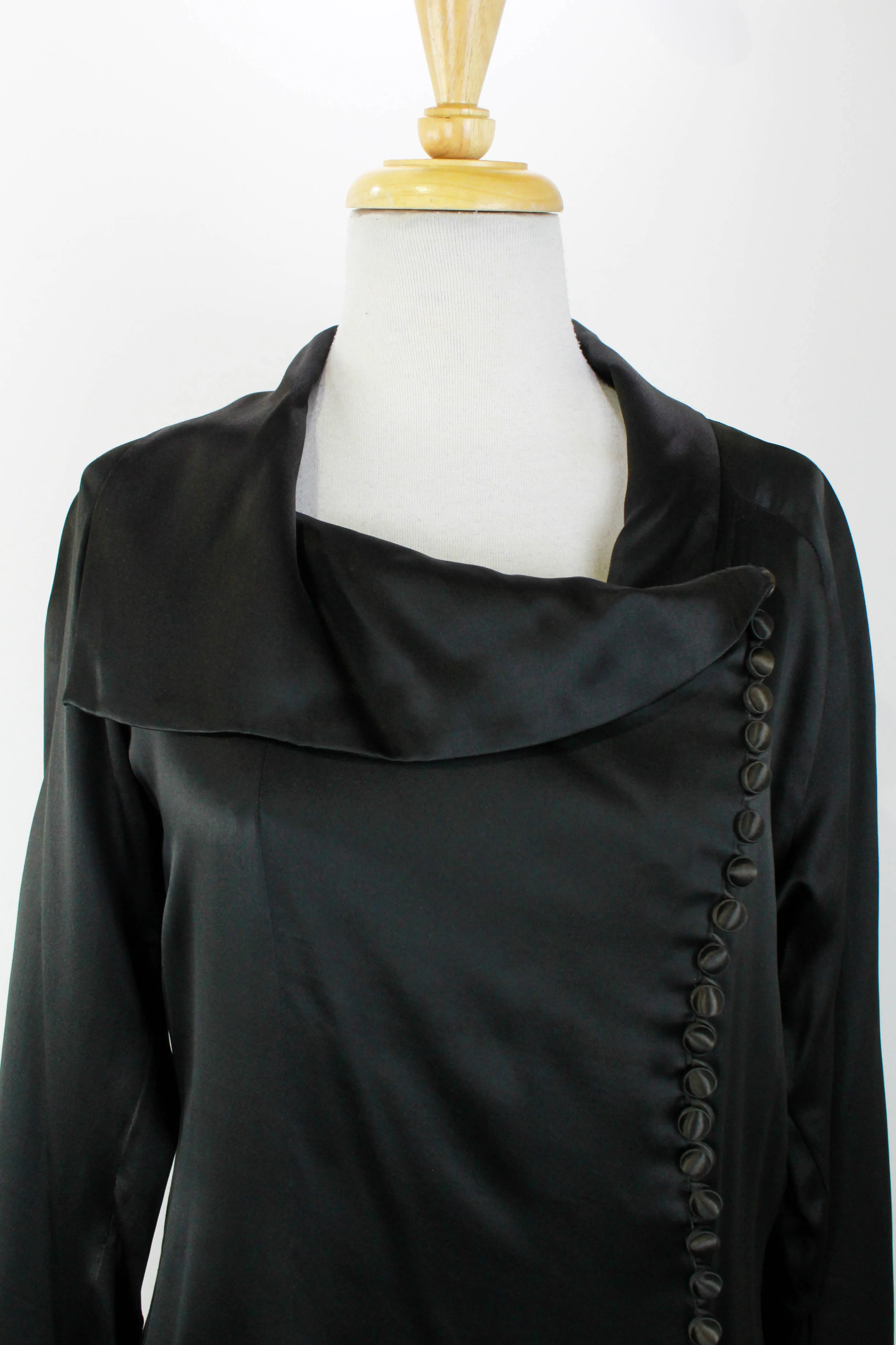 1930s Black Silk Satin Dress / Size Small / Covered Buttons / Antique Liquid Satin Dress