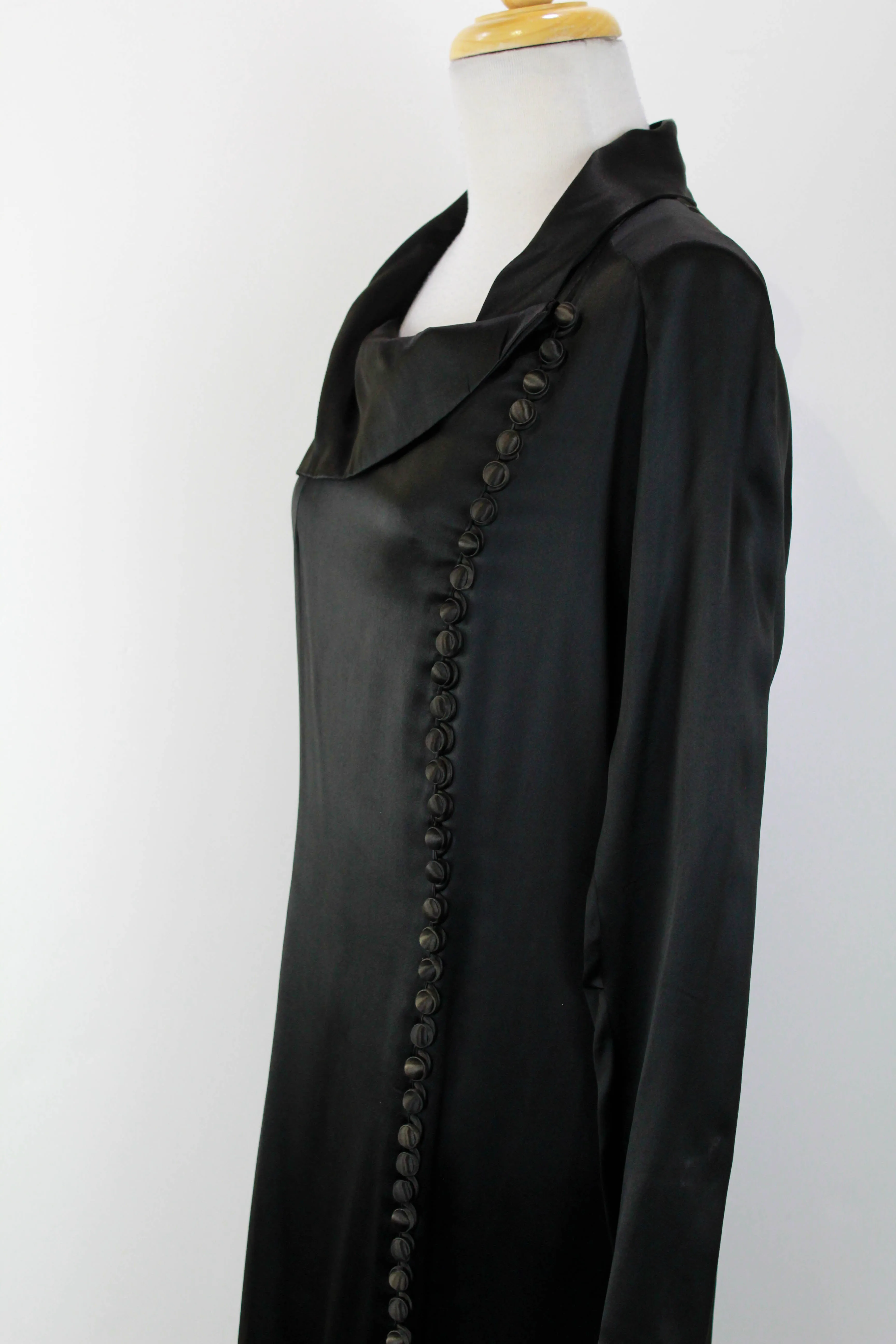 1930s Black Silk Satin Dress / Size Small / Covered Buttons / Antique Liquid Satin Dress