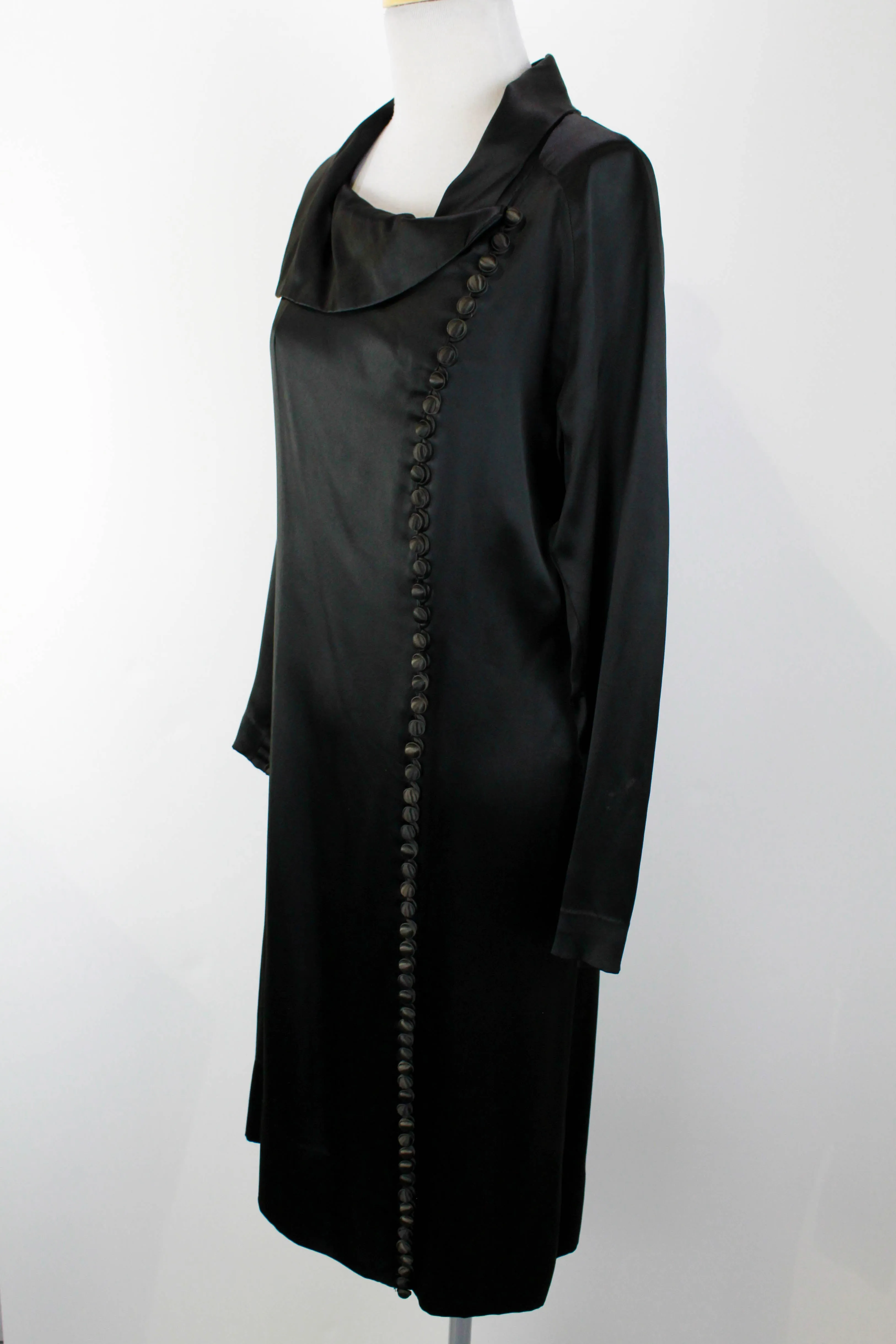 1930s Black Silk Satin Dress / Size Small / Covered Buttons / Antique Liquid Satin Dress