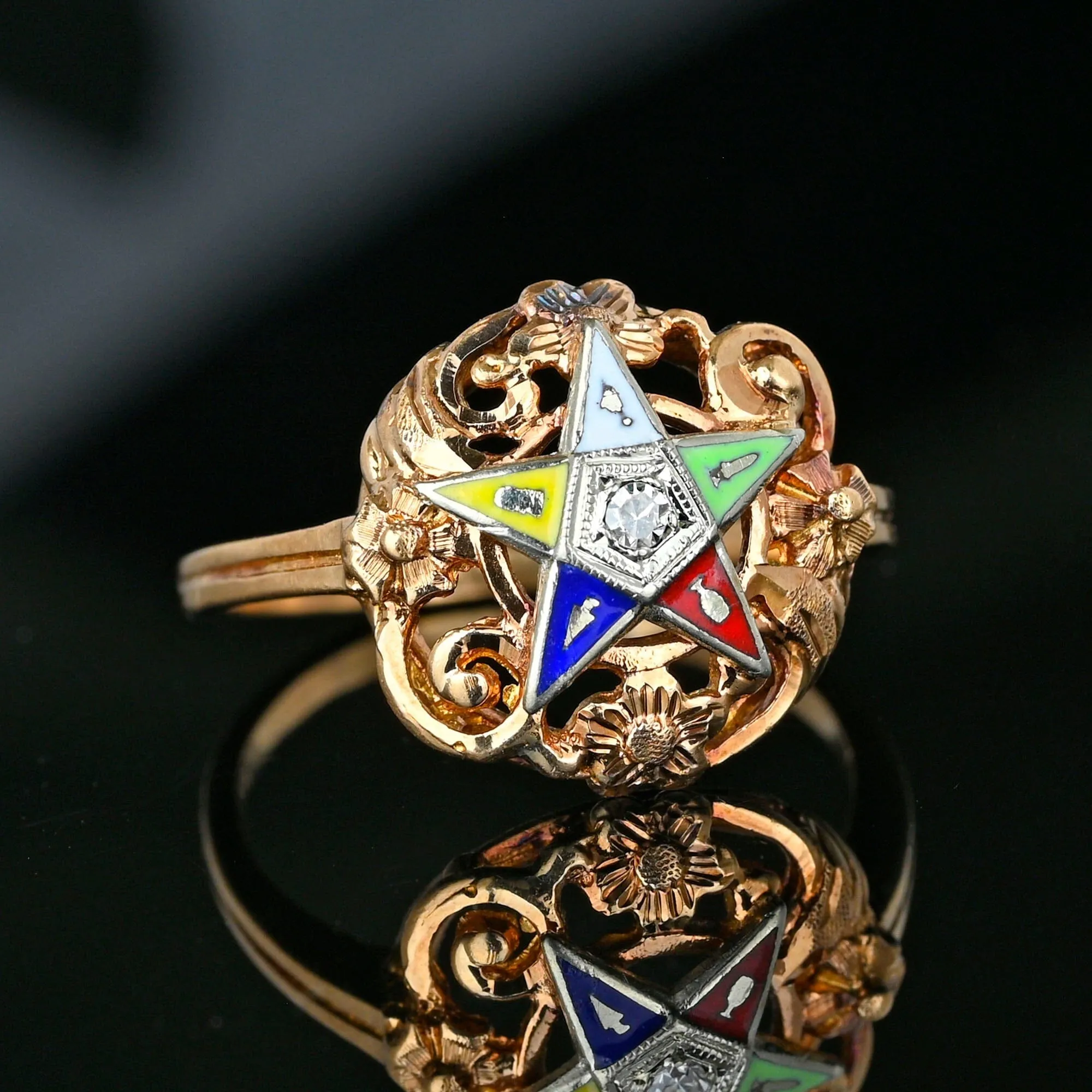 1940s Rose Gold Floral Diamond Enamel Star Masonic Ring