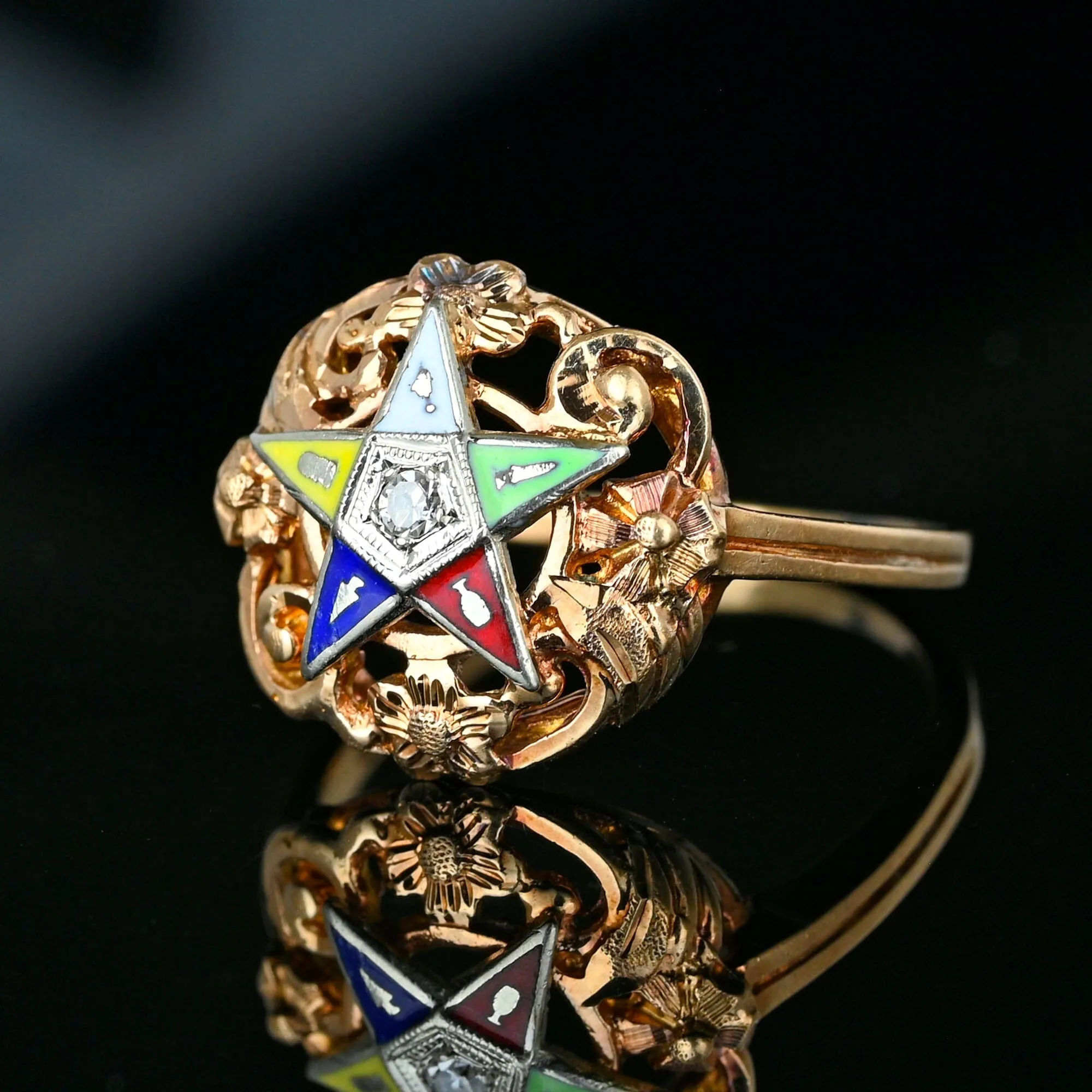 1940s Rose Gold Floral Diamond Enamel Star Masonic Ring