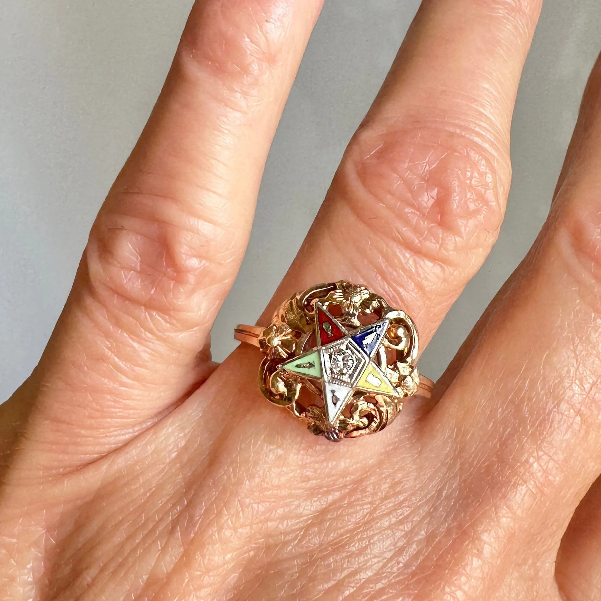 1940s Rose Gold Floral Diamond Enamel Star Masonic Ring