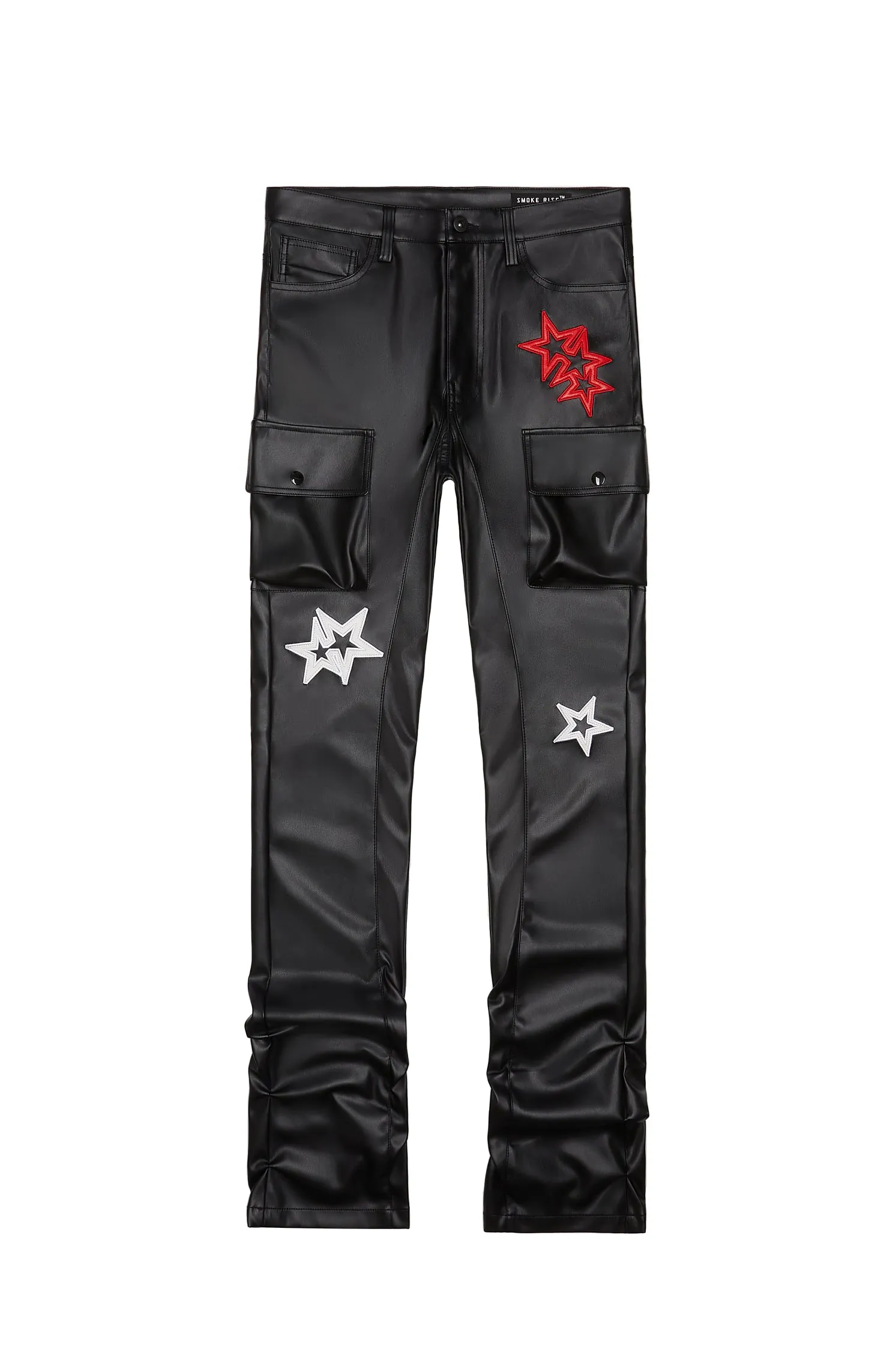 3D Embroidered Cargo Vegan Leather Pants - Black