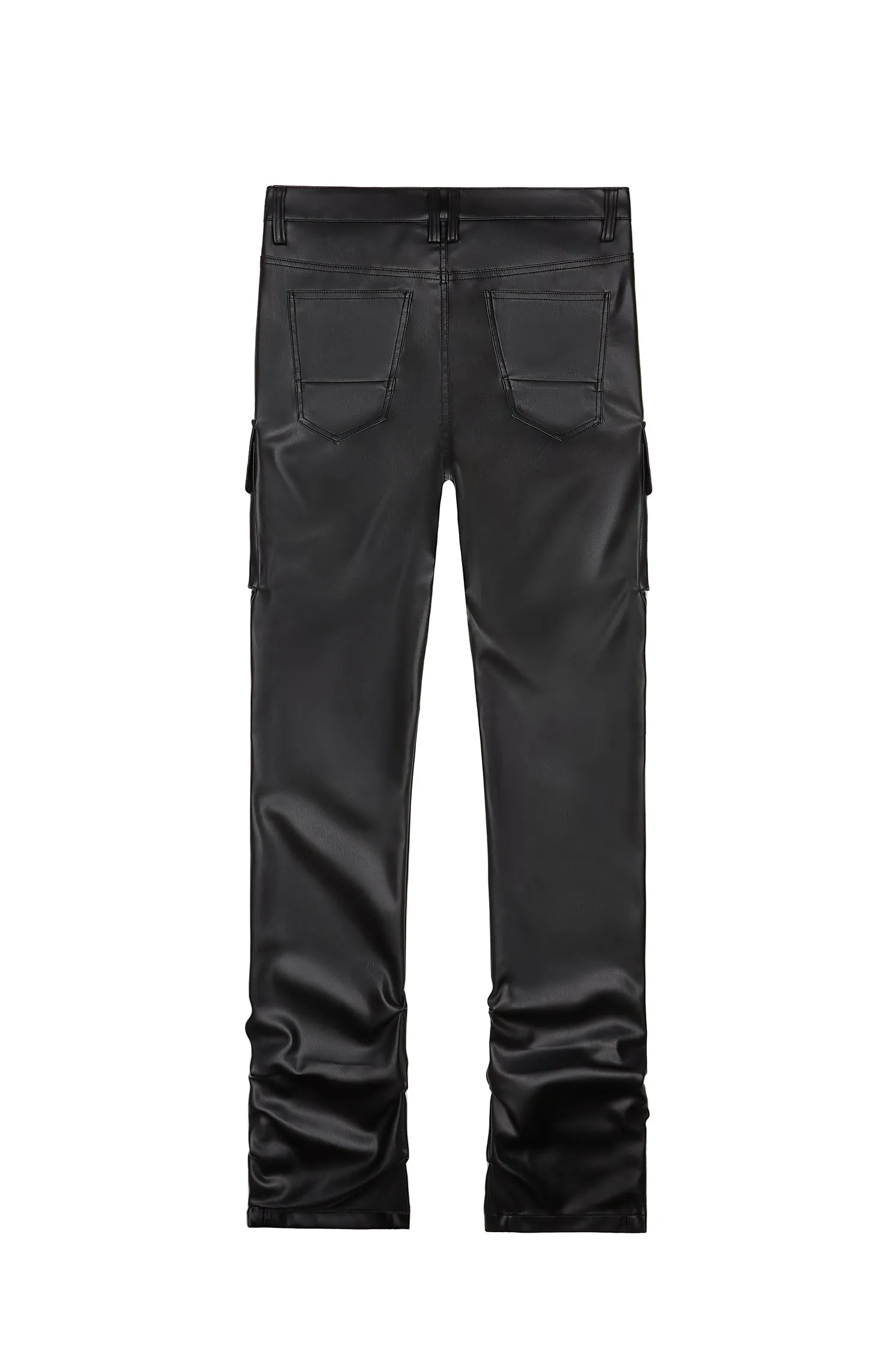 3D Embroidered Cargo Vegan Leather Pants - Black