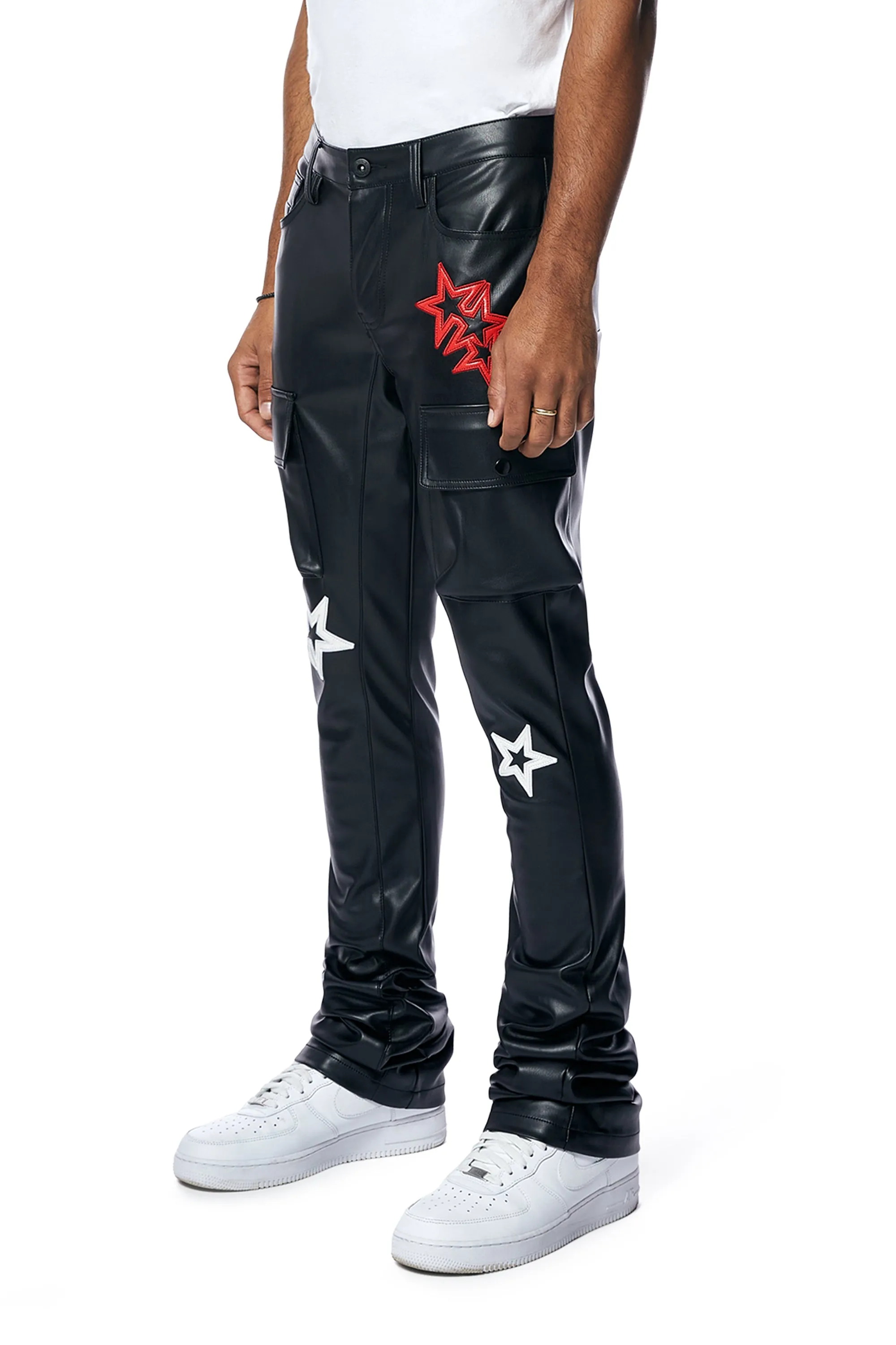 3D Embroidered Cargo Vegan Leather Pants - Black