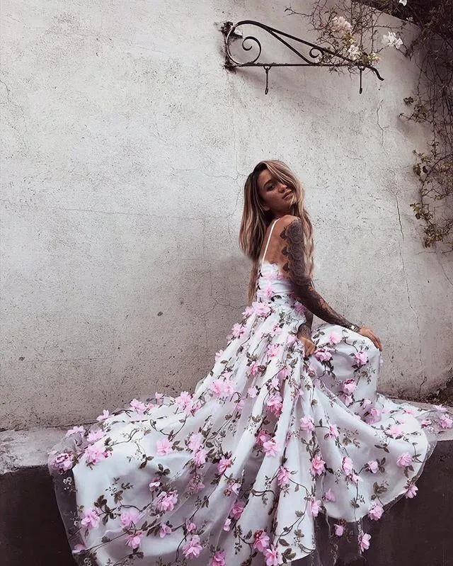 A Line V Neck Backless Pink Lace Floral White Prom Dresses, Pink 3D Flower White Formal Dresses, Evening Dresses