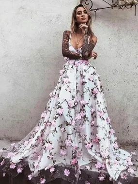 A Line V Neck Backless Pink Lace Floral White Prom Dresses, Pink 3D Flower White Formal Dresses, Evening Dresses