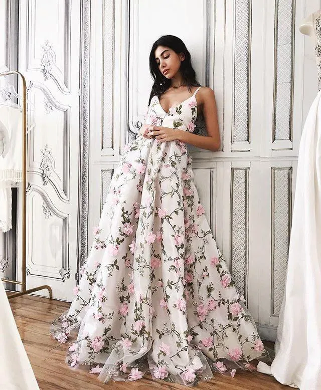 A Line V Neck Backless Pink Lace Floral White Prom Dresses, Pink 3D Flower White Formal Dresses, Evening Dresses