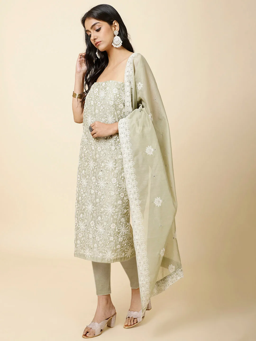 All Over Embroidery Chanderi Unstitched Suit Piece With Dupatta