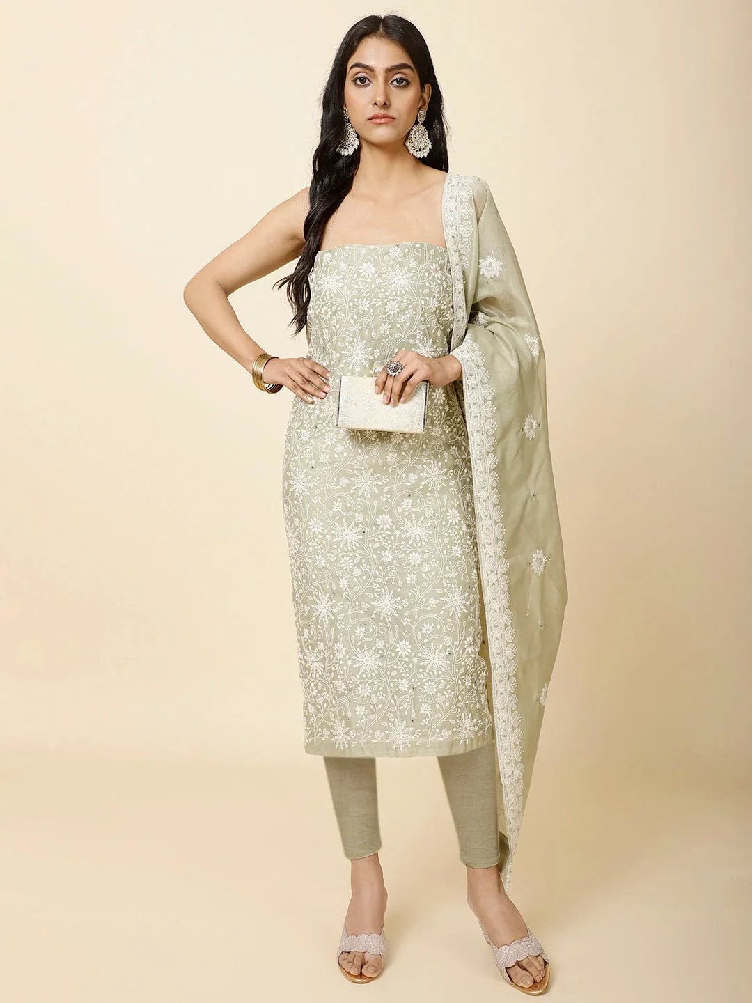 All Over Embroidery Chanderi Unstitched Suit Piece With Dupatta