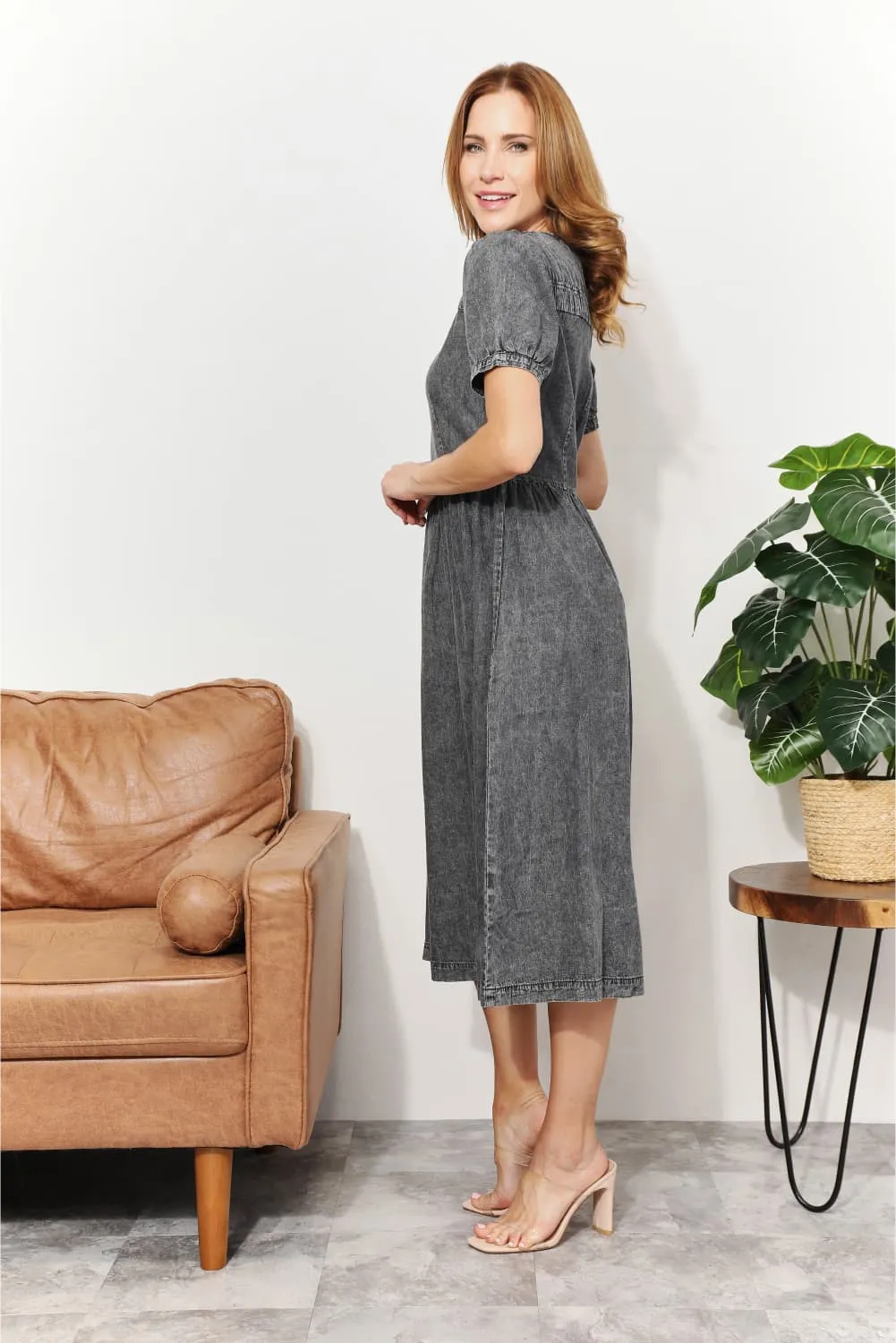 And The Why  Full Size Washed Chambray Midi Dress