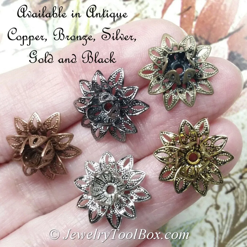 Antique Silver Filigree Flower Bead Caps, Multiple Layer Bendable, Moldable, 2mm Hole, Lot Size 100, #2054 AS