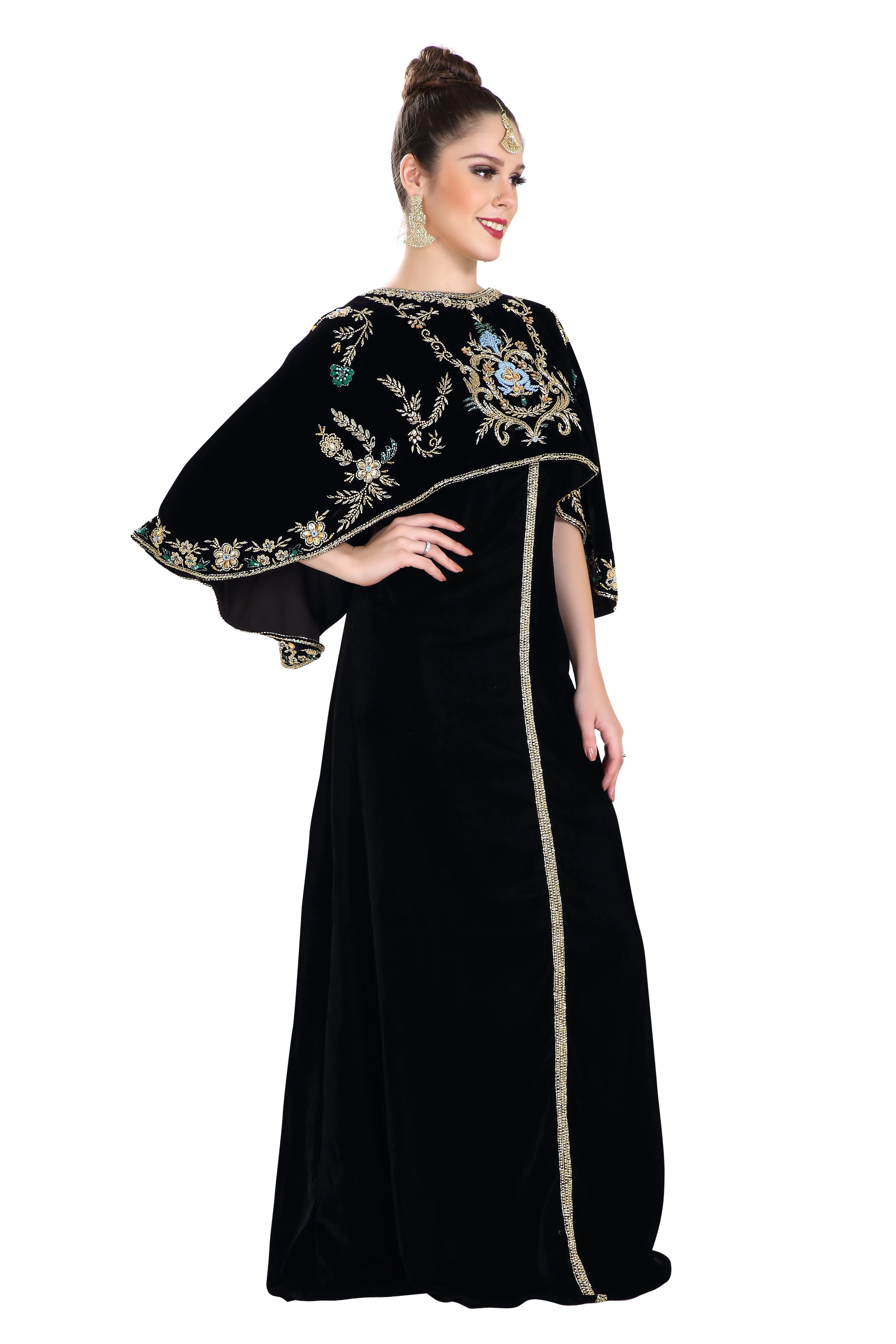 Arabian Kaftan Velvet Fabric with Colorful Crystal Embroidered Dress