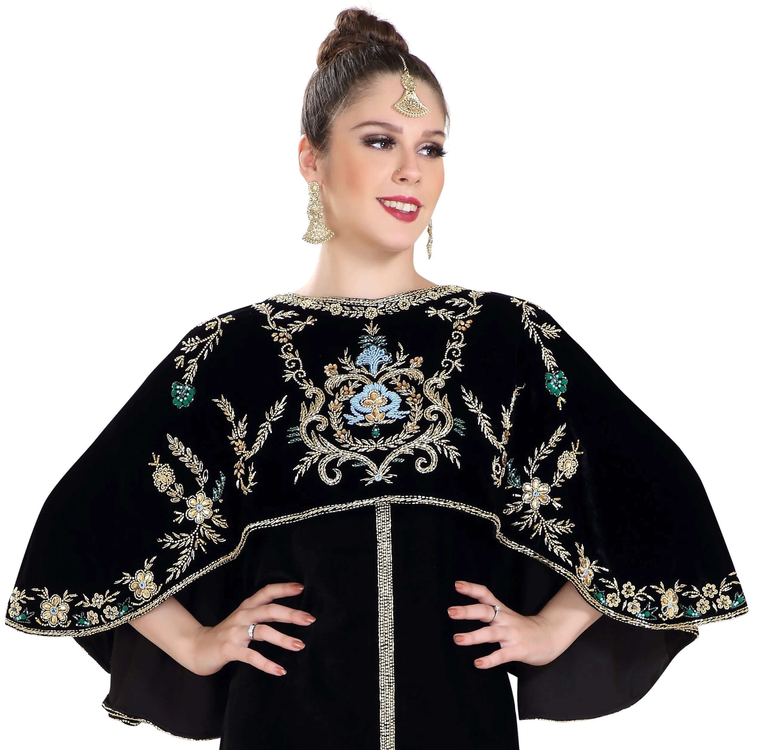 Arabian Kaftan Velvet Fabric with Colorful Crystal Embroidered Dress