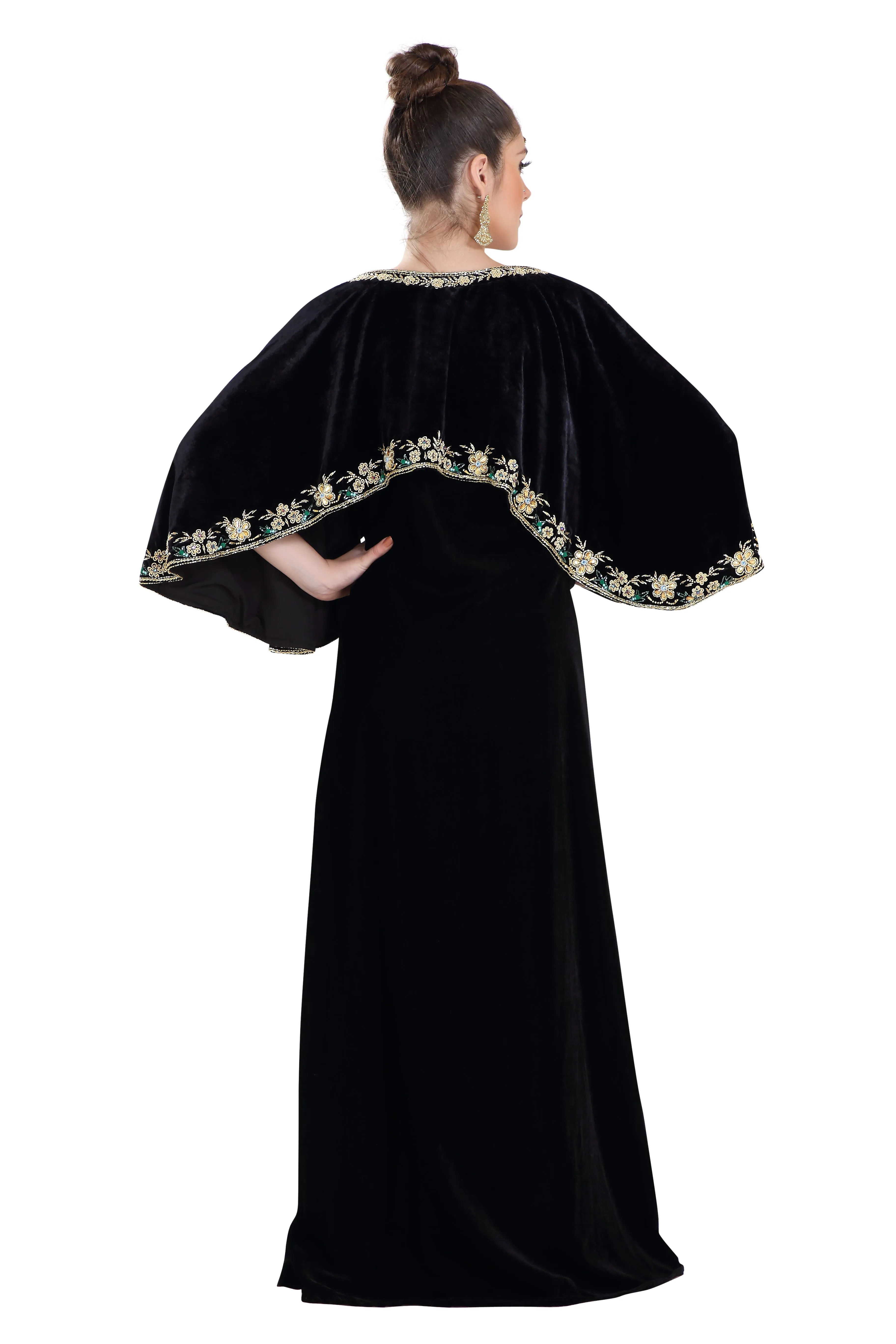 Arabian Kaftan Velvet Fabric with Colorful Crystal Embroidered Dress