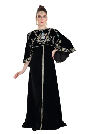 Arabian Kaftan Velvet Fabric with Colorful Crystal Embroidered Dress