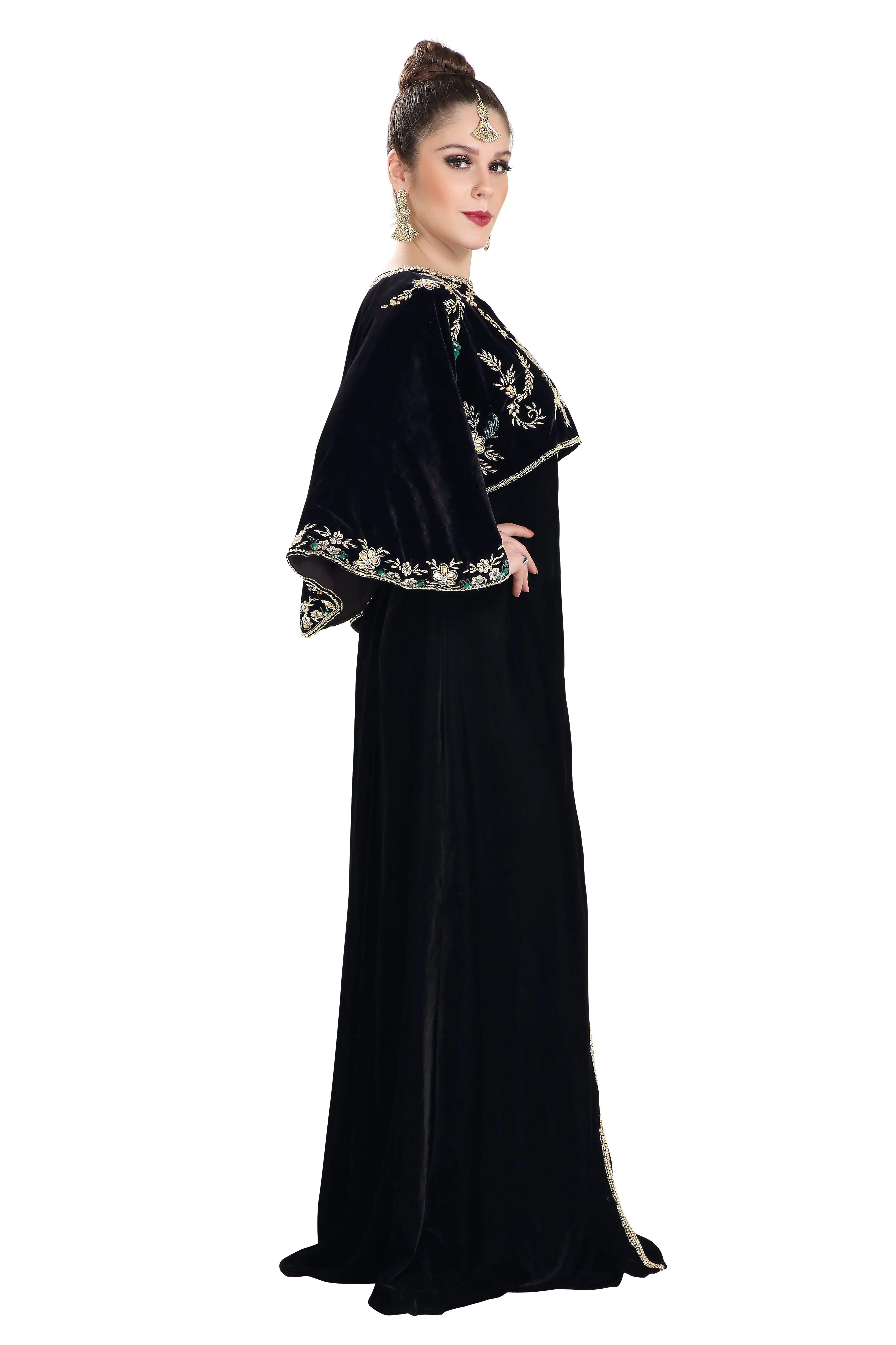 Arabian Kaftan Velvet Fabric with Colorful Crystal Embroidered Dress