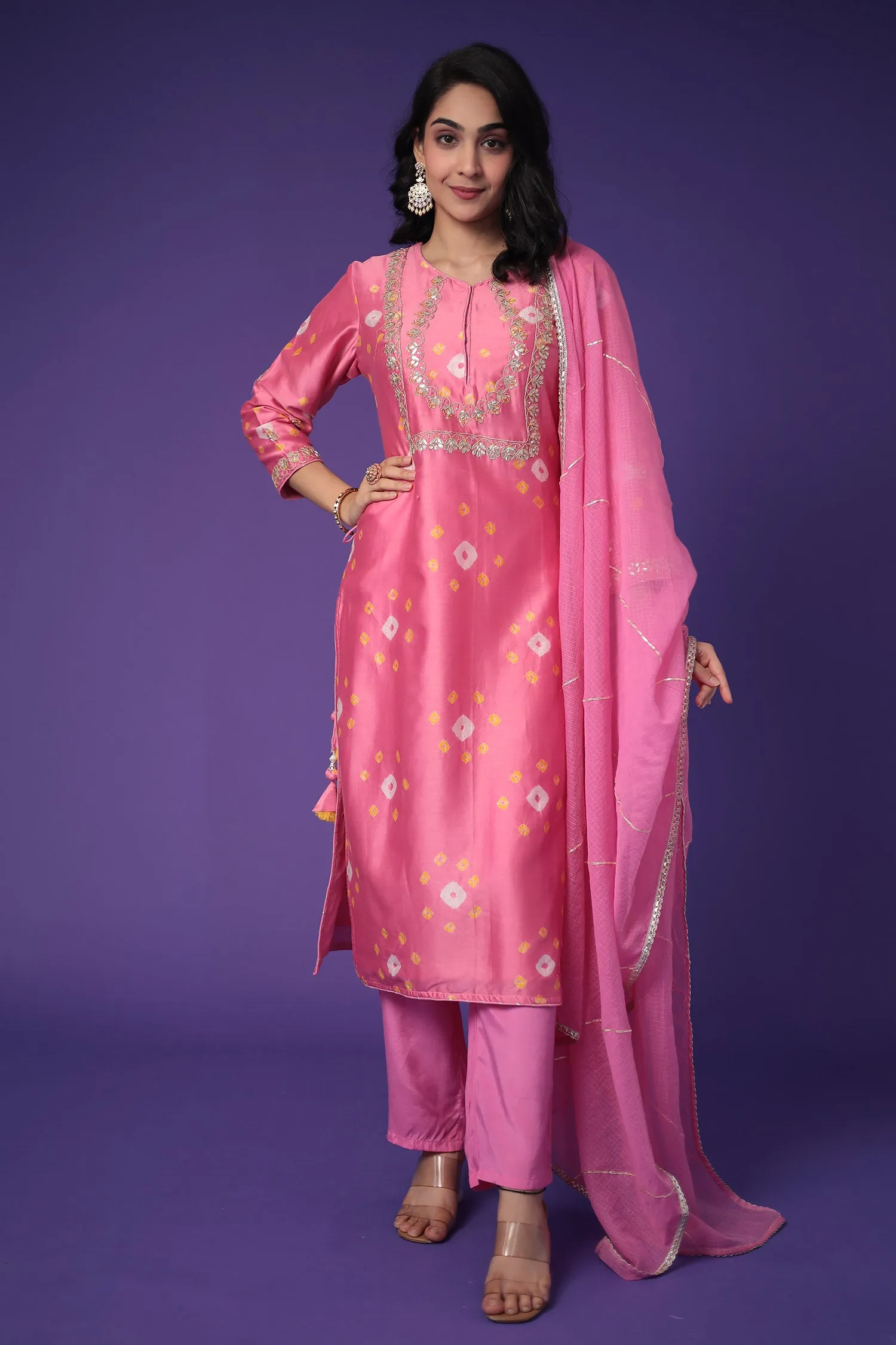 Bandhej Chanderi Silk Suit with Embroidered work