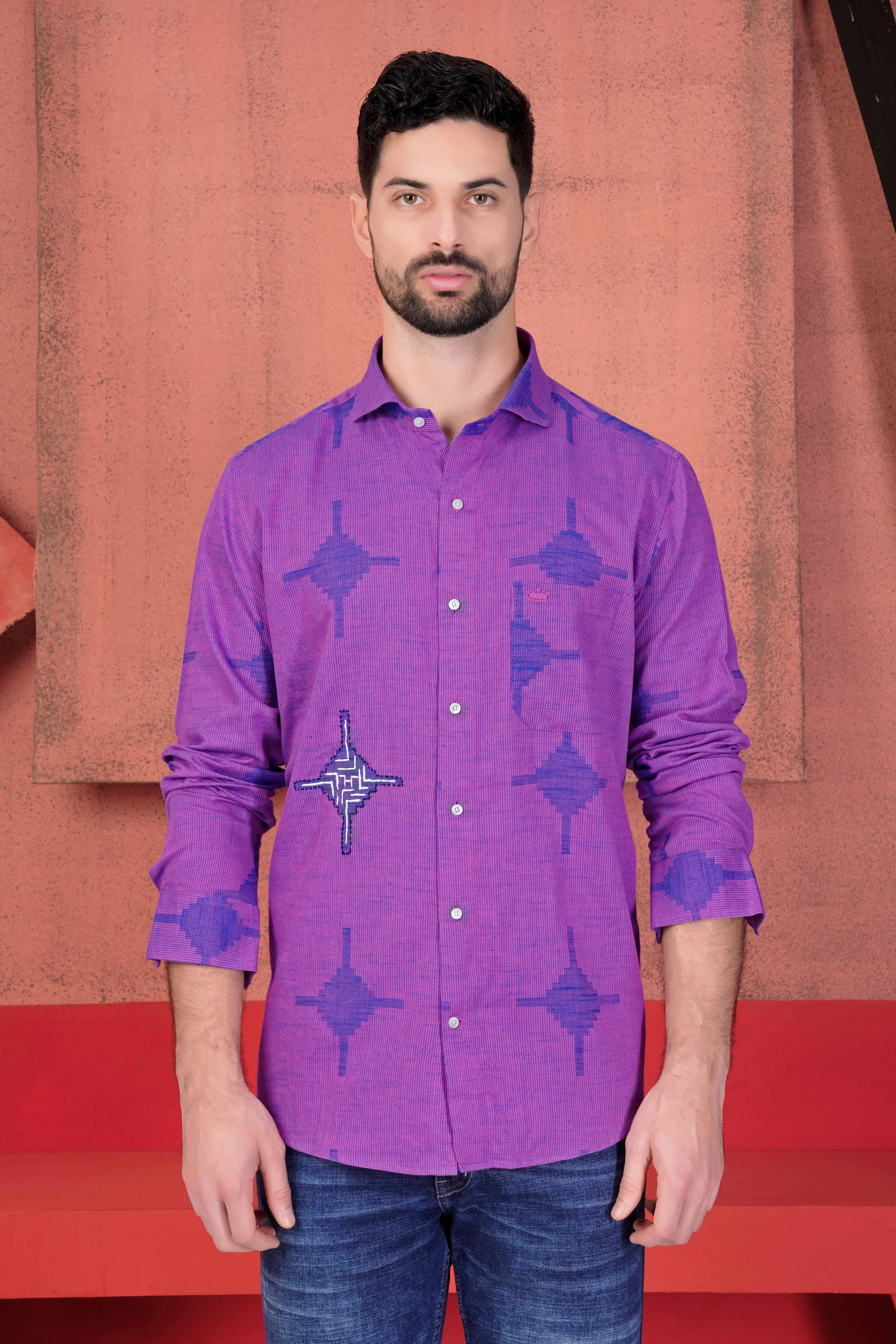 Barney Pink with Tory Blue Hand Embroidered and Hand Painted Dobby Textured Premium Giza Cotton Designer Shirt