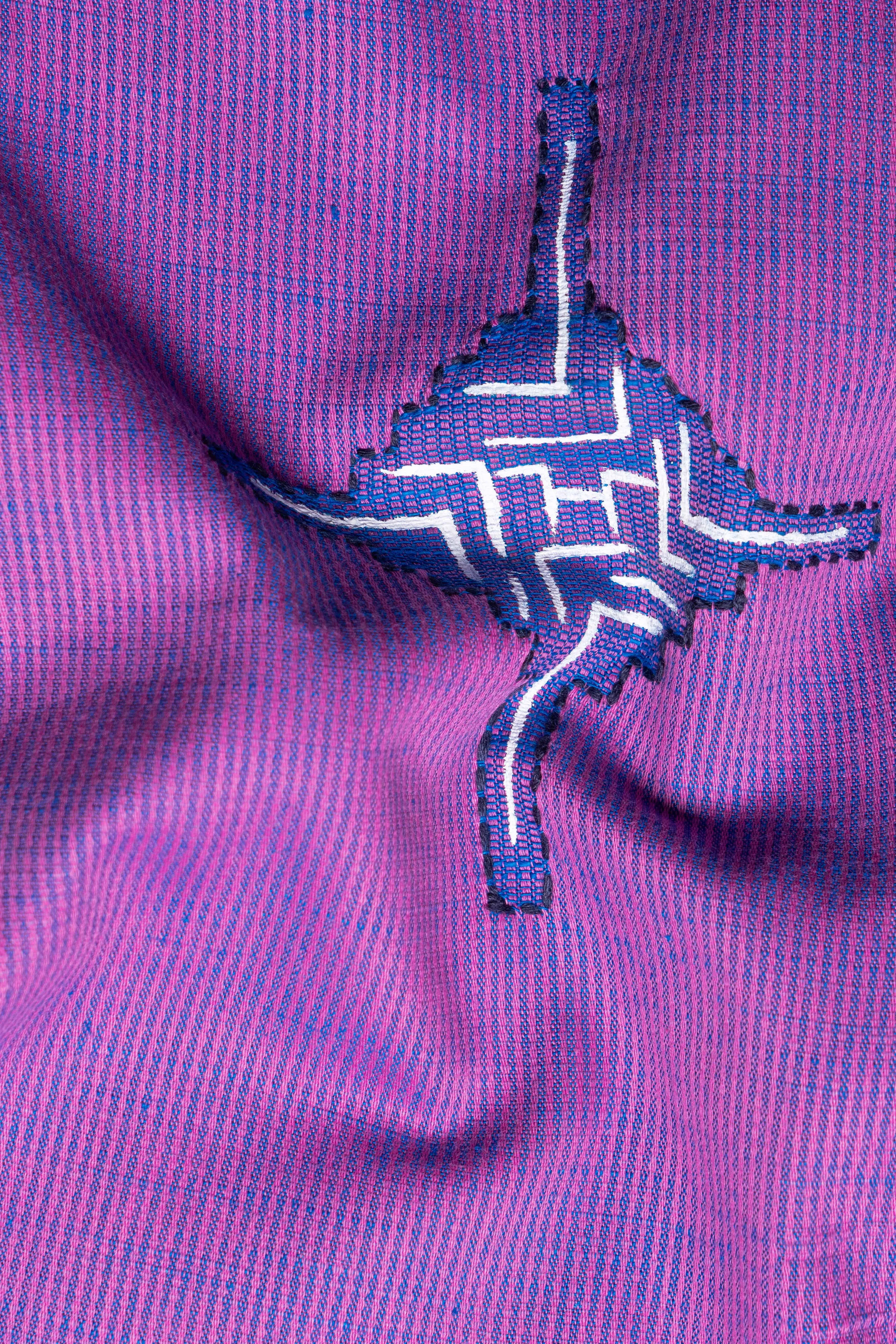 Barney Pink with Tory Blue Hand Embroidered and Hand Painted Dobby Textured Premium Giza Cotton Designer Shirt