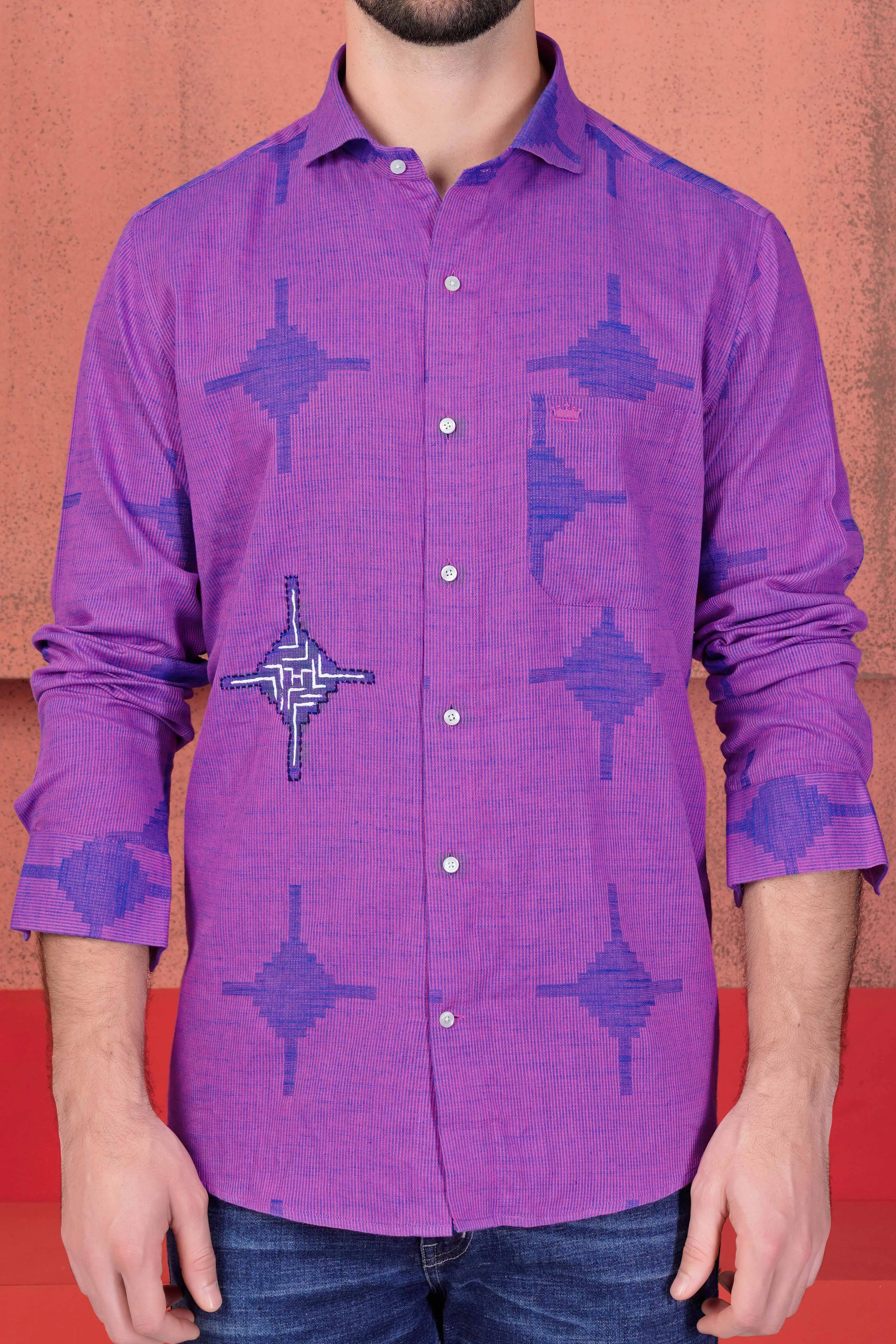 Barney Pink with Tory Blue Hand Embroidered and Hand Painted Dobby Textured Premium Giza Cotton Designer Shirt