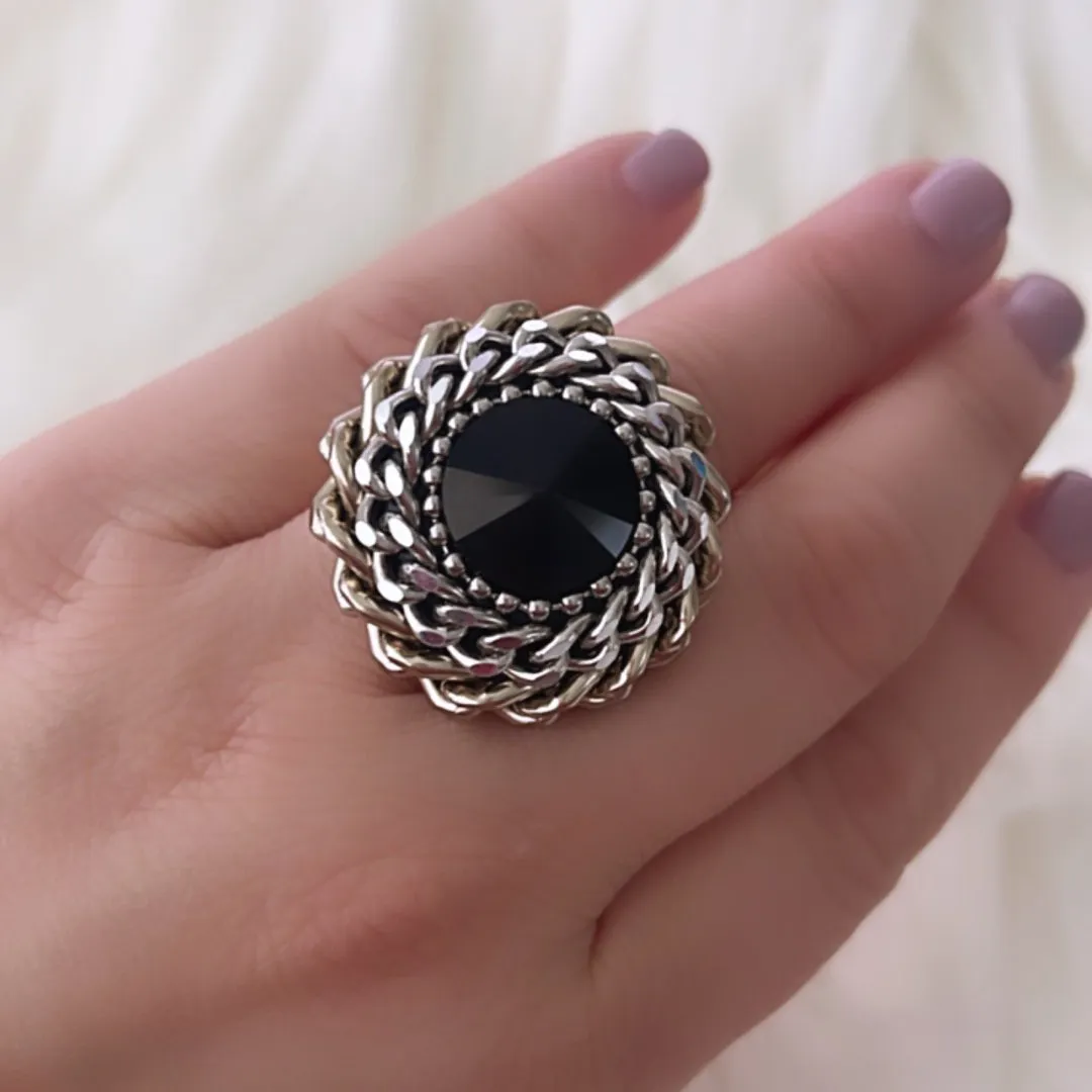 B.E. BLACK SWAROVSKI DOUBLED ROLO CHAIN RING