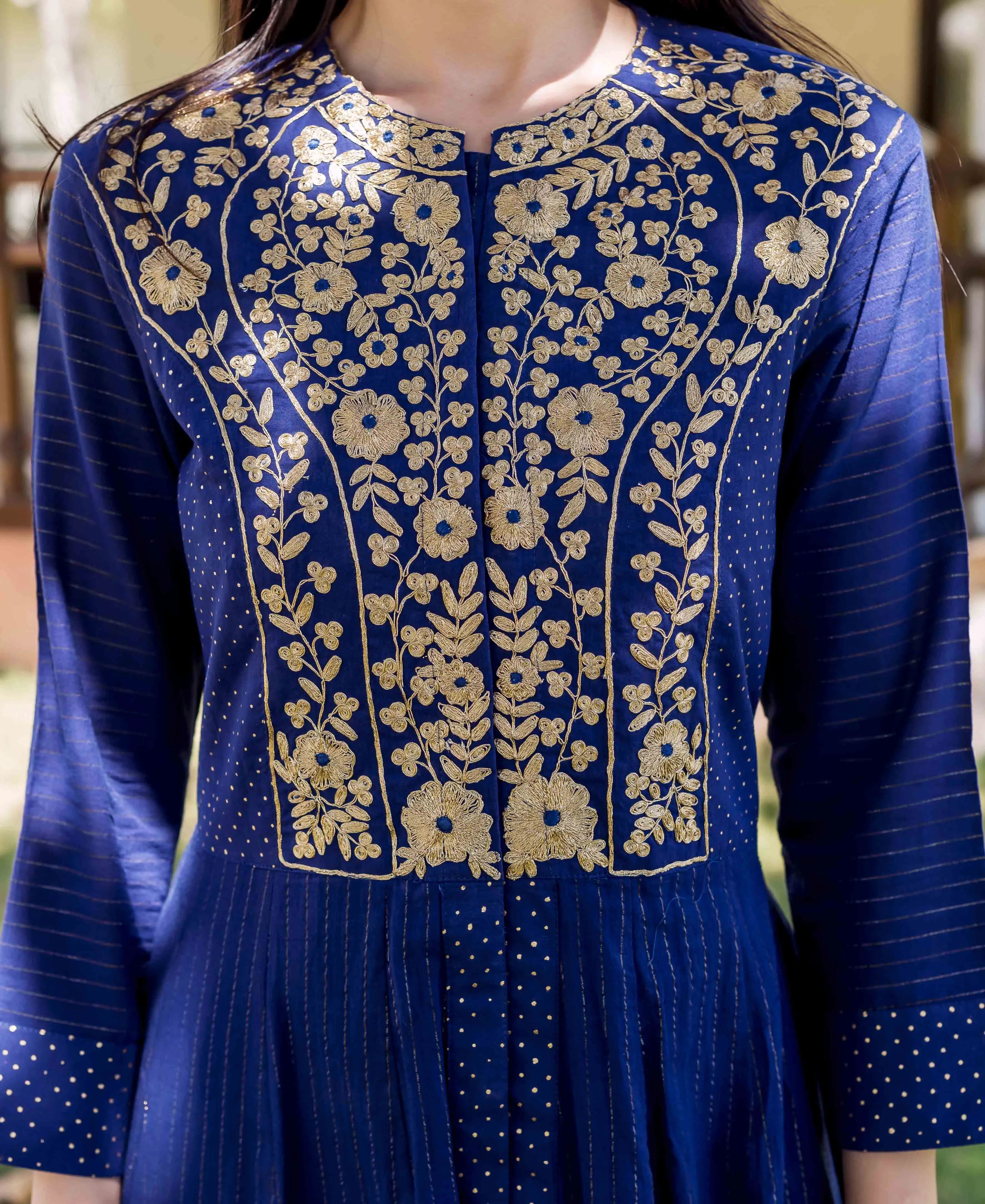 Bindhiya Royal Blue Printed and Embroidered Dress