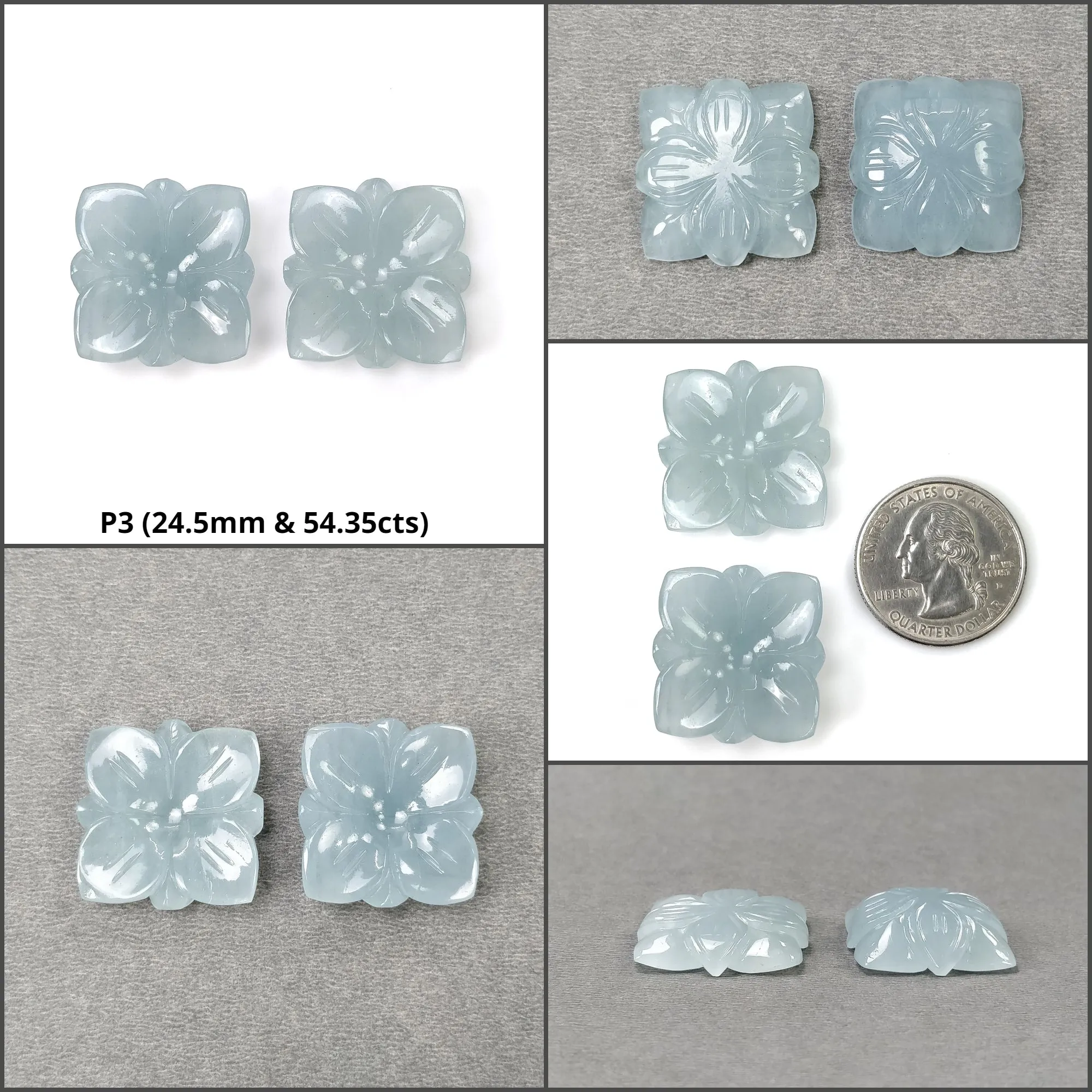 BLUE AQUAMARINE Gemstone Carving : Natural Untreated Milky Aqua Hand Carved Round & Cushion Shape Flower Pairs