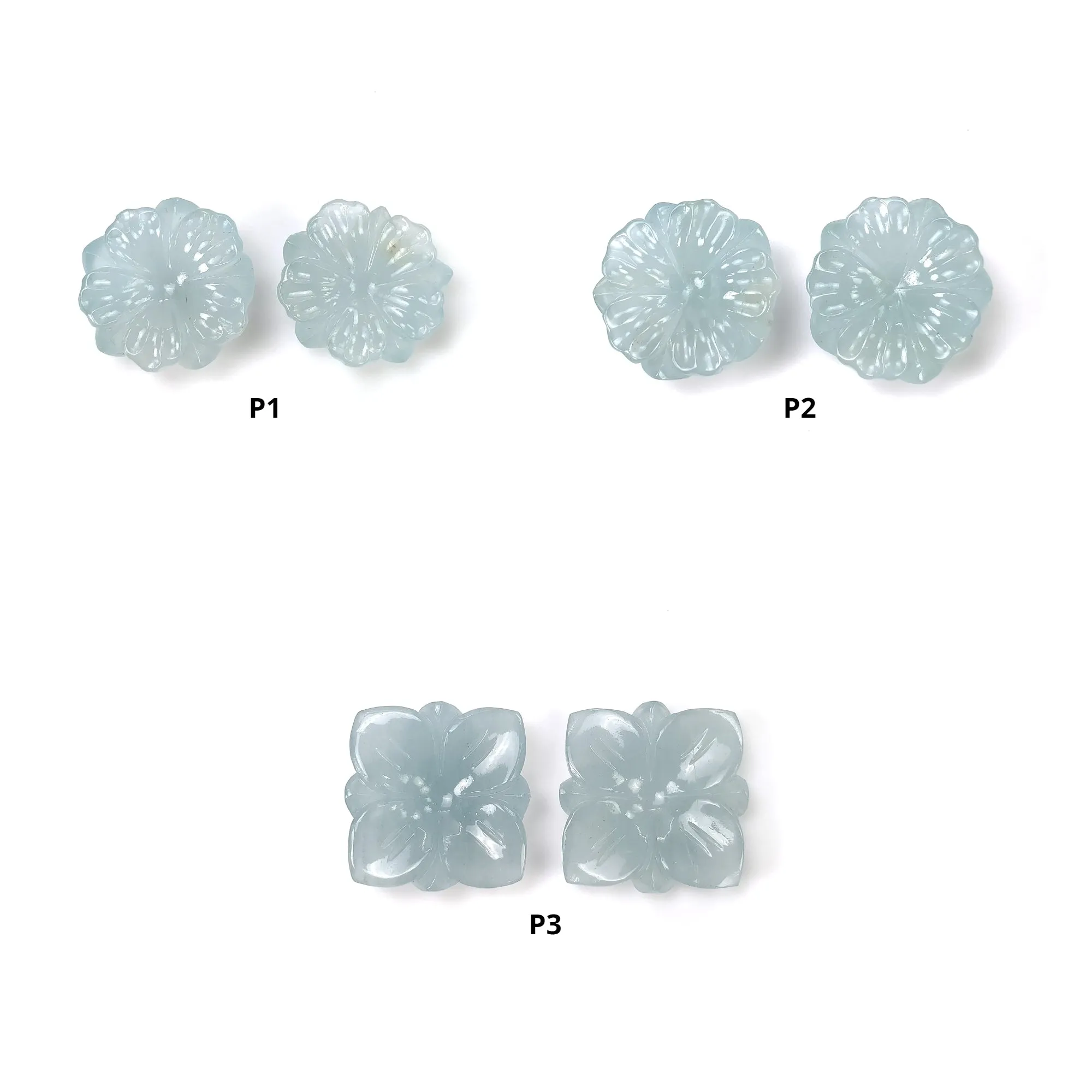 BLUE AQUAMARINE Gemstone Carving : Natural Untreated Milky Aqua Hand Carved Round & Cushion Shape Flower Pairs